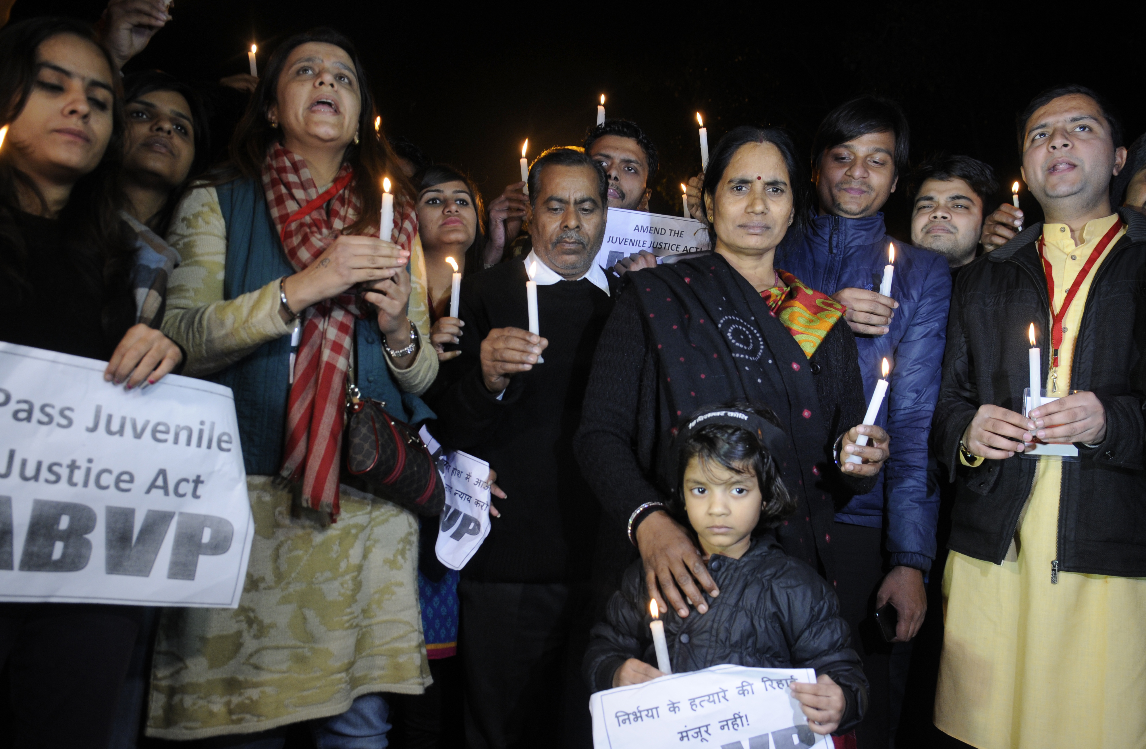 Parents of Jyoti Singh along with activists during a protest against the release of juvenile convict of the 2012 gang-rape case on Dec. 21, 2015, in New Delhi (Sushil Kumar–Hindustan Times/Getty Images)