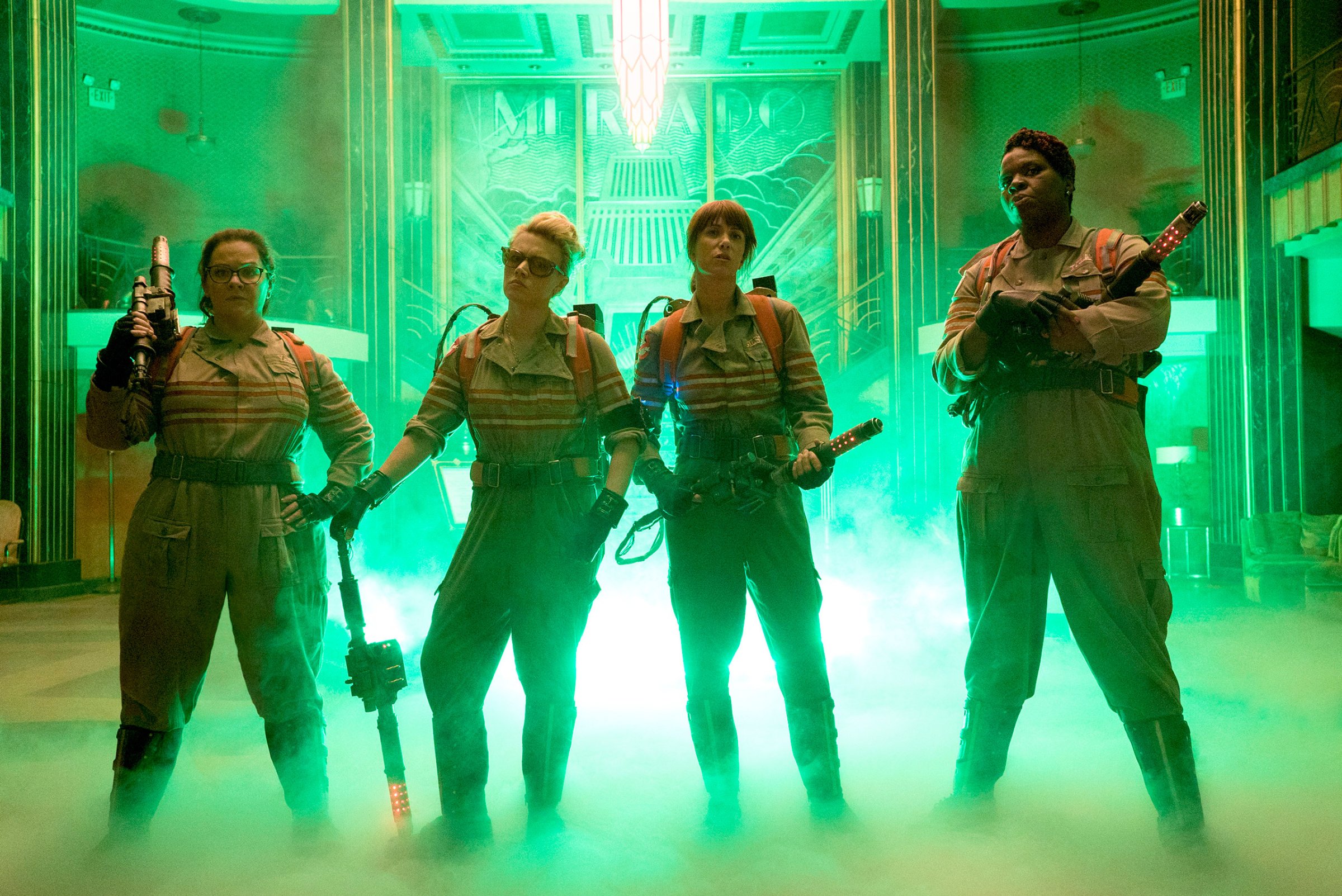 Abby (Melissa McCarthy), Holtzmann (Kate McKinnon), Erin (Kristen Wiig) and Patty (Leslie Jones) inside the Mercado Hotel Lobby in Columbia Pictures' GHOSTBUSTERS.