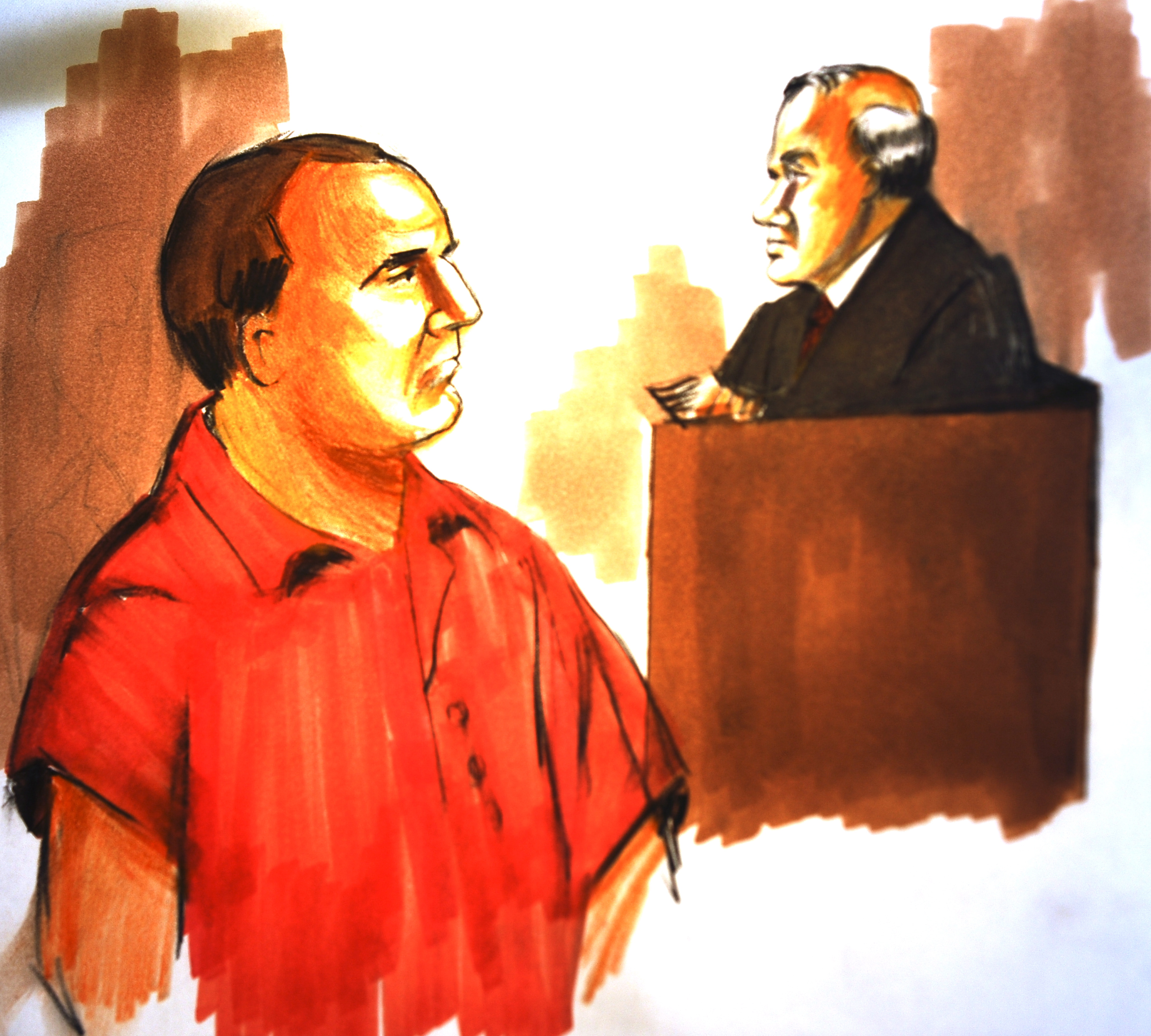 A courtroom drawing shows David Coleman Headley, left, as he appears before U.S. District Judge Harry Leinenweber in federal court for Headley's arraignment in Chicago in December 2009 (Verna Saddock—EPA)