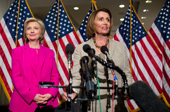 House Minority Leader Nancy Pelosi, D-Calif., introduces presidential candidate Hillary Rodham Clinton to the press for her on the Iran nuclear deal following her meeting with House Democrats during their weekly caucus meeting in the U.S. Capitol on Tuesday, July 14, 2015.