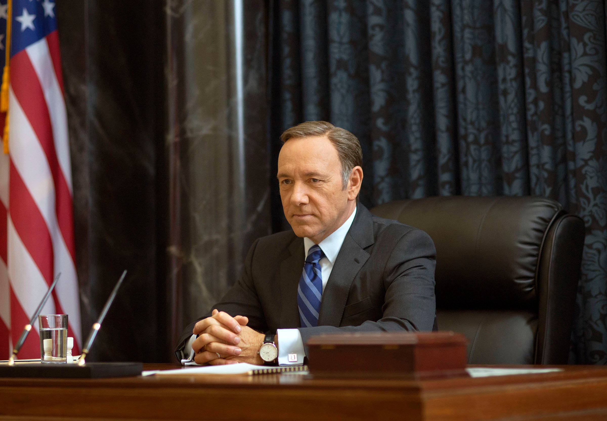 This image released by Netflix shows Kevin Spacey as Francis Underwood in a scene from "House of Cards." Frank Underwood
