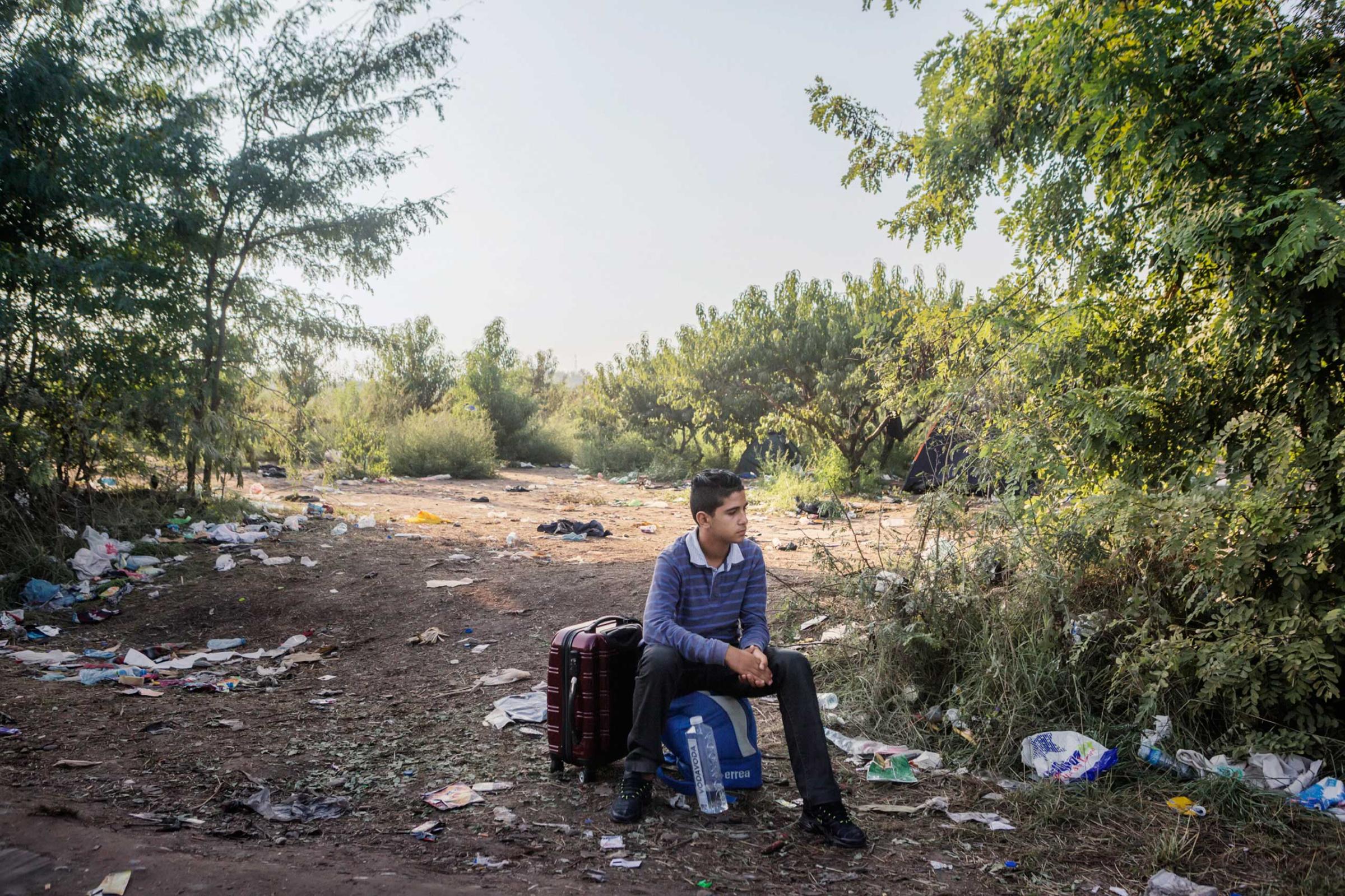 A Syrian boy at the border between Serbia and Hungary waits for his family before continuing his journey.
