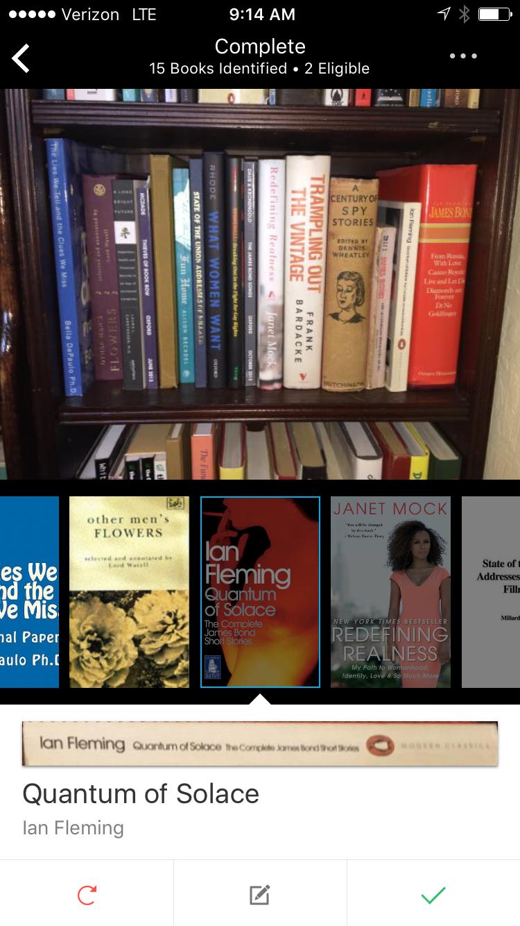Screen shot of the Selfie app identifying book titles using their in-house computer recognition software.