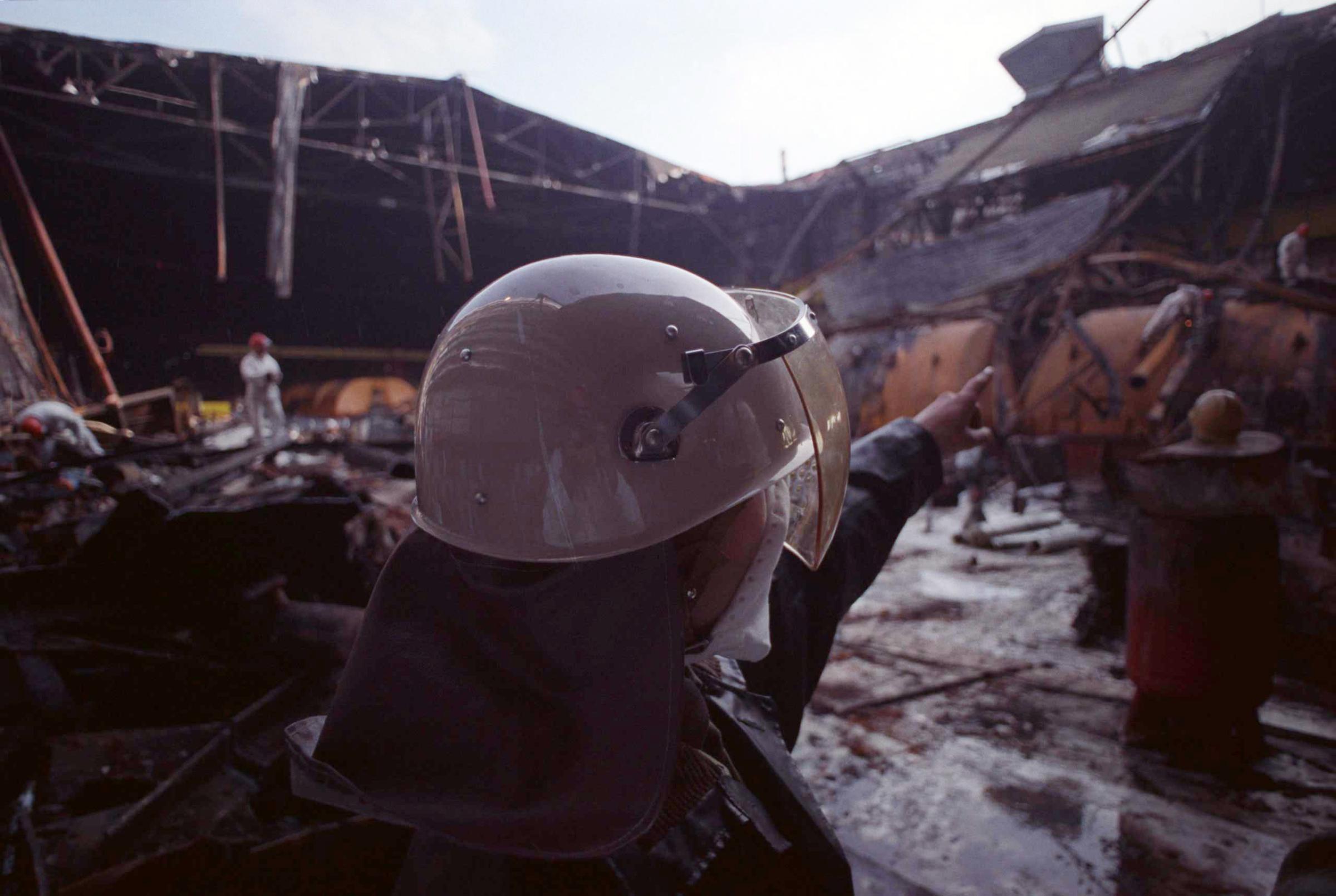 The aftermath of the second explosion at the Chernobyl nuclear power station in Ukraine, on Oct. 11, 1991 in the turbine hall of reactor two.