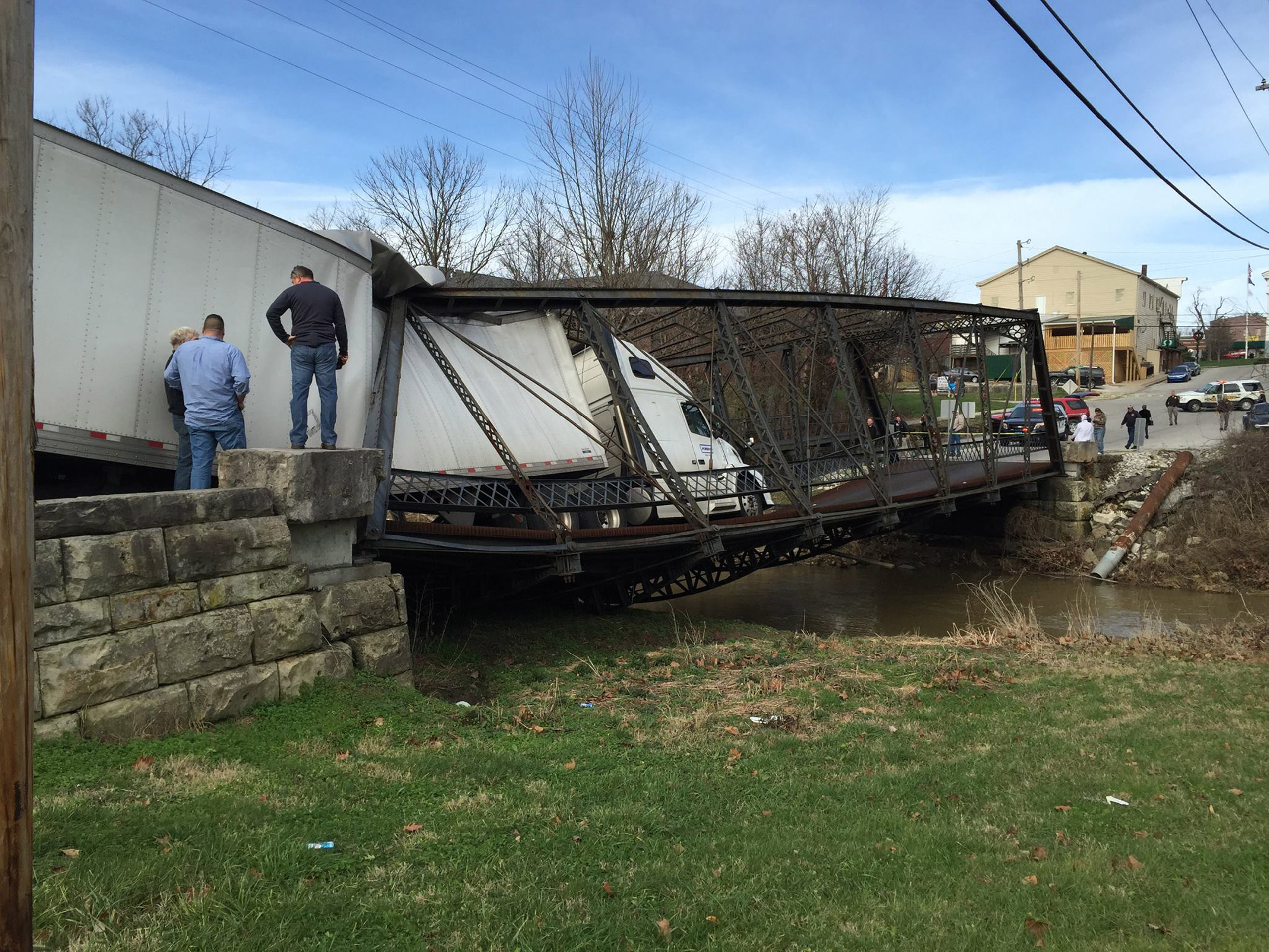 A bridge collapsed under a semitrailer weighing close to 30 tons that tried to cross it in Paoli, Ind., on Christmas. (Orange County Indiana Law Enforcement)