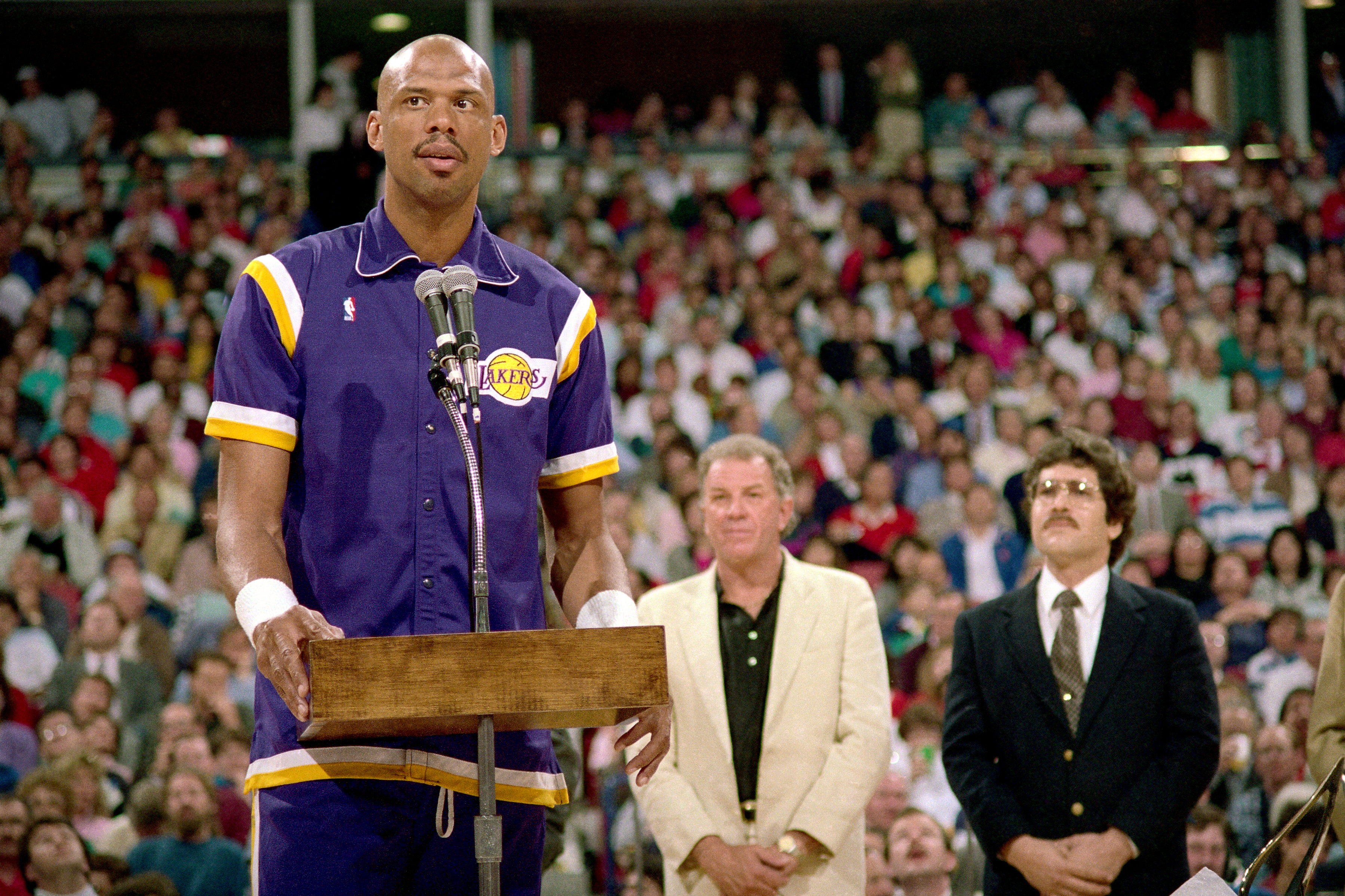 Kareem Abdul Jabbar of the Los Angeles Lakers addresses the crowd during a game played on March 23, 1989 at Arco Arena in Sacramento, California.