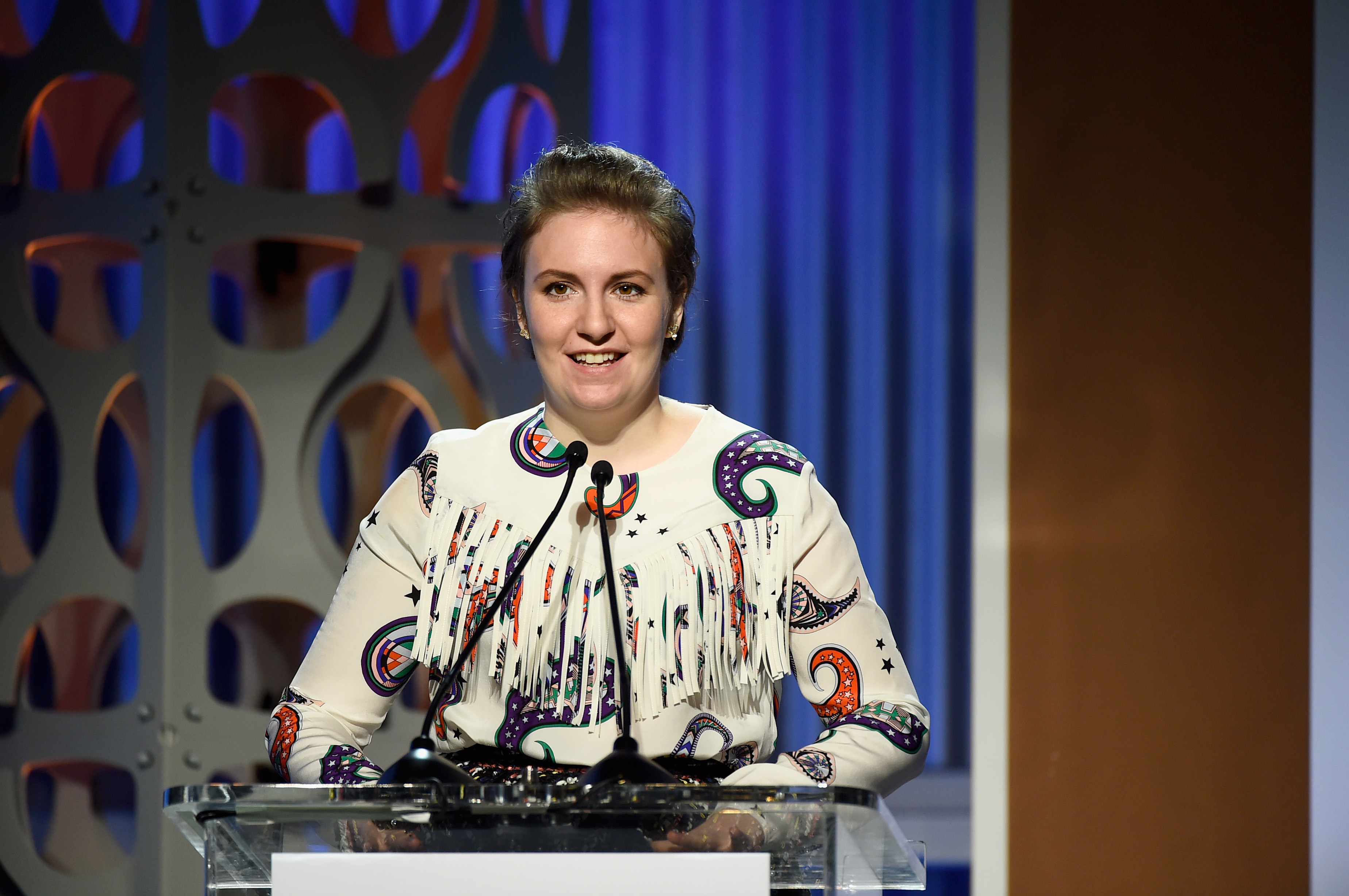 Honoree Lena Dunham delivers remarks during the annual Women in Entertainment breakfast that The Hollywood Reporter hosts in Los Angeles. (Frazer Harrison—Getty Images)