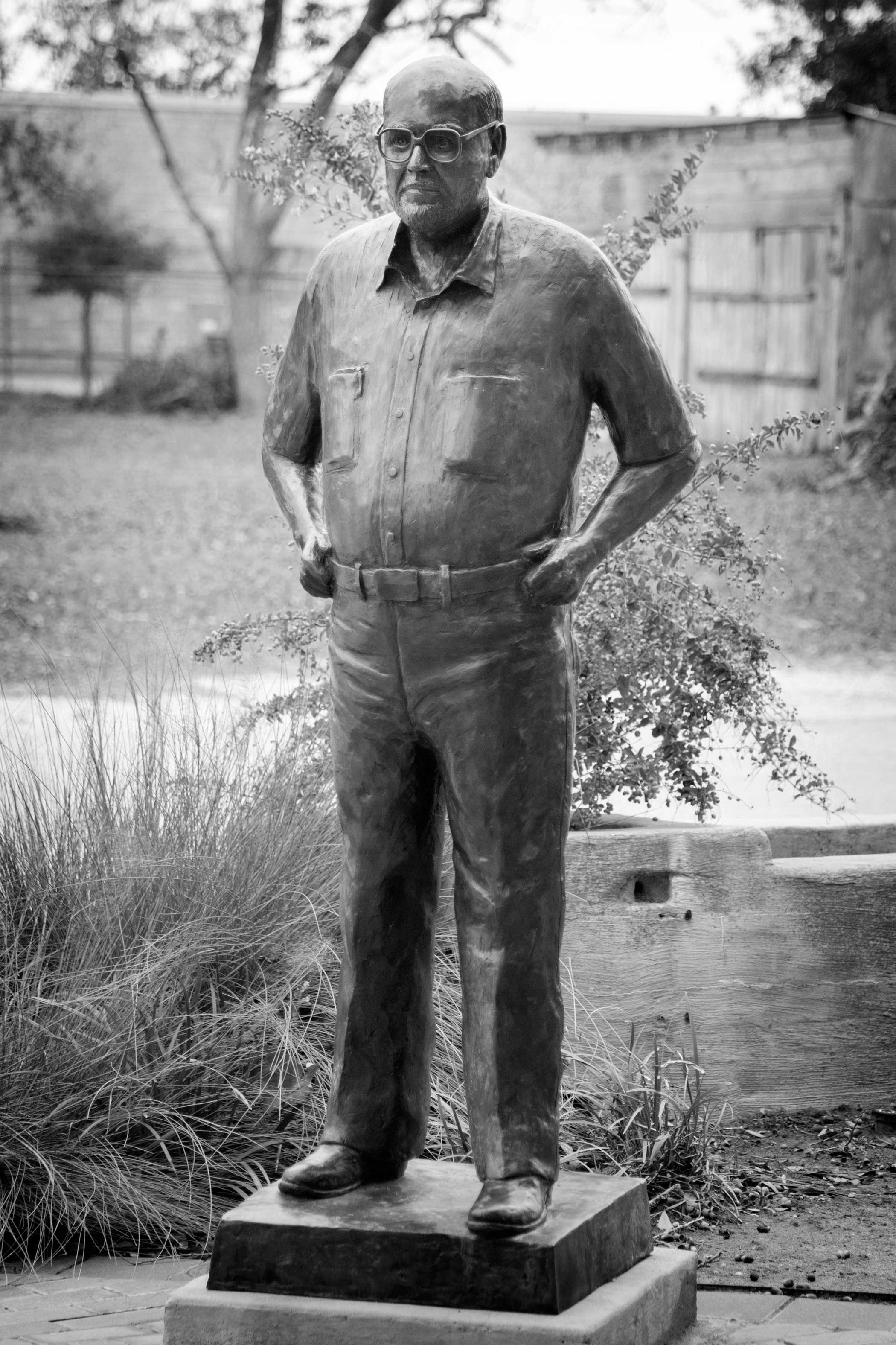 A bronze statue of Richmond Mayor Hilmar Moore is displayed outside City Hall in Richmond, Texas. Moore, who was appointed as mayor in 1949 and then won 32 consecutive elections, was the longest serving mayor in the U.S. when he died.