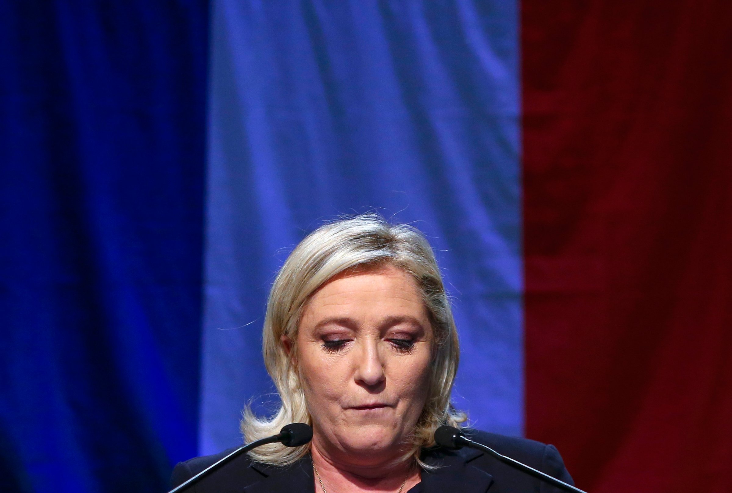 Marine Le Pen, French National Front political party leader and candidate for the National Front in the Nord-Pas-de-Calais-Picardie region, delivers a speech after results in the second-round regional elections in Henin-Beaumont.