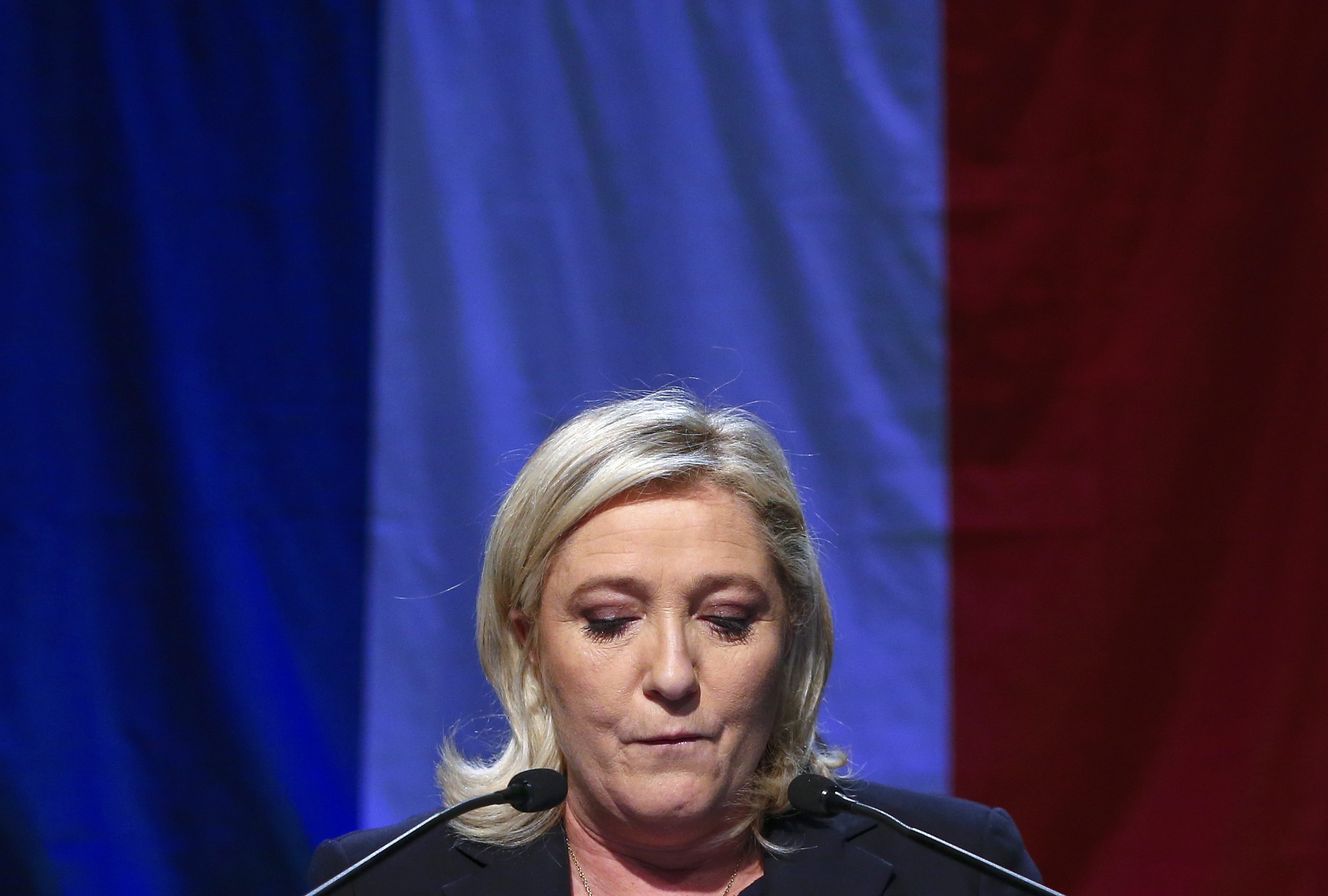 Marine Le Pen, French National Front political party leader and candidate for the National Front in the Nord-Pas-de-Calais-Picardie region, delivers a speech after results in the second-round regional elections in Henin-Beaumont.