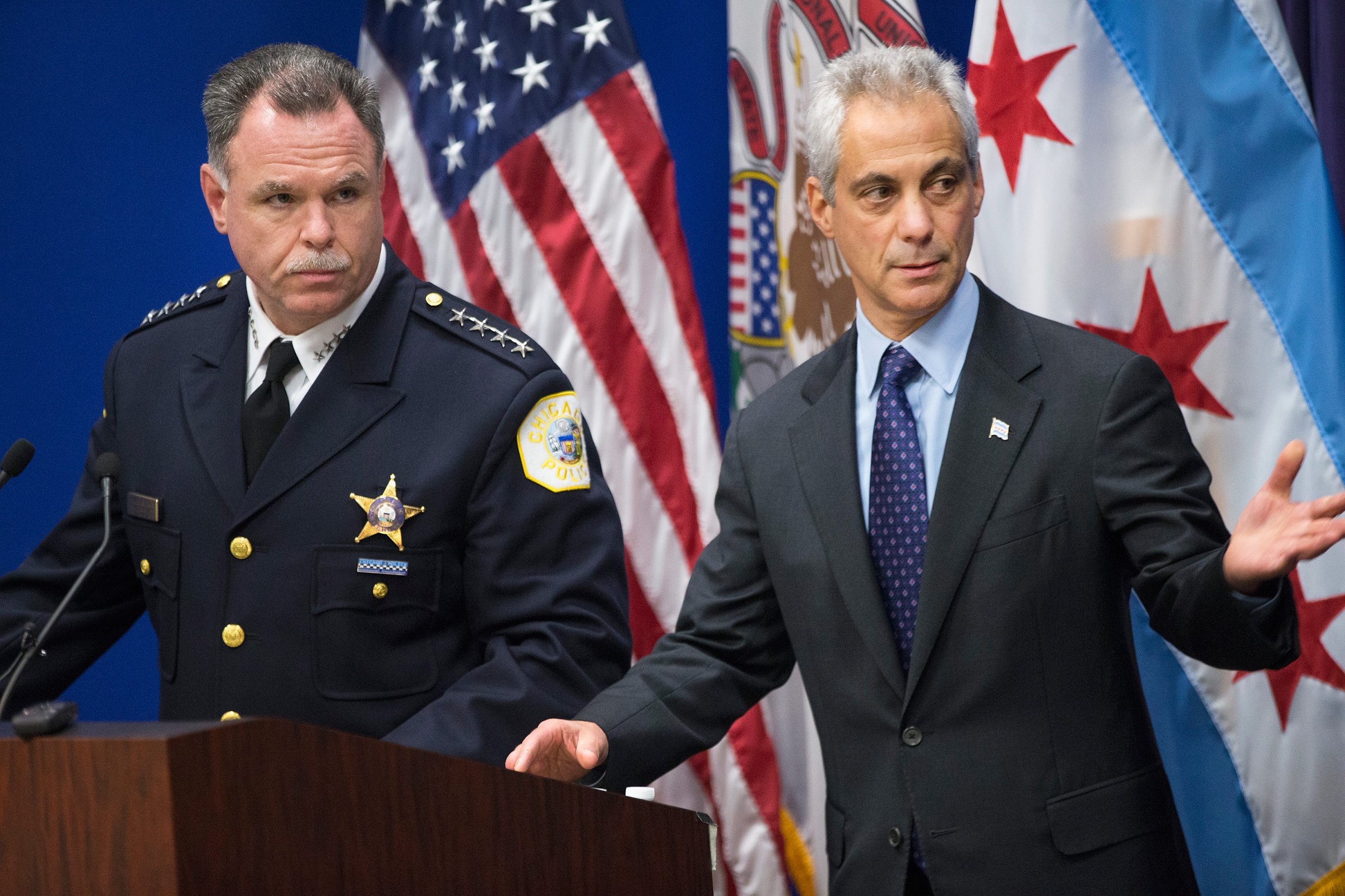Chicago Police Superintendent Garry McCarthy (L) and Mayor Rahm Emanuel arrive for a press conference to address the arrest of Chicago Police officer Jason Van Dyke in Chicago on Nov. 24, 2015.