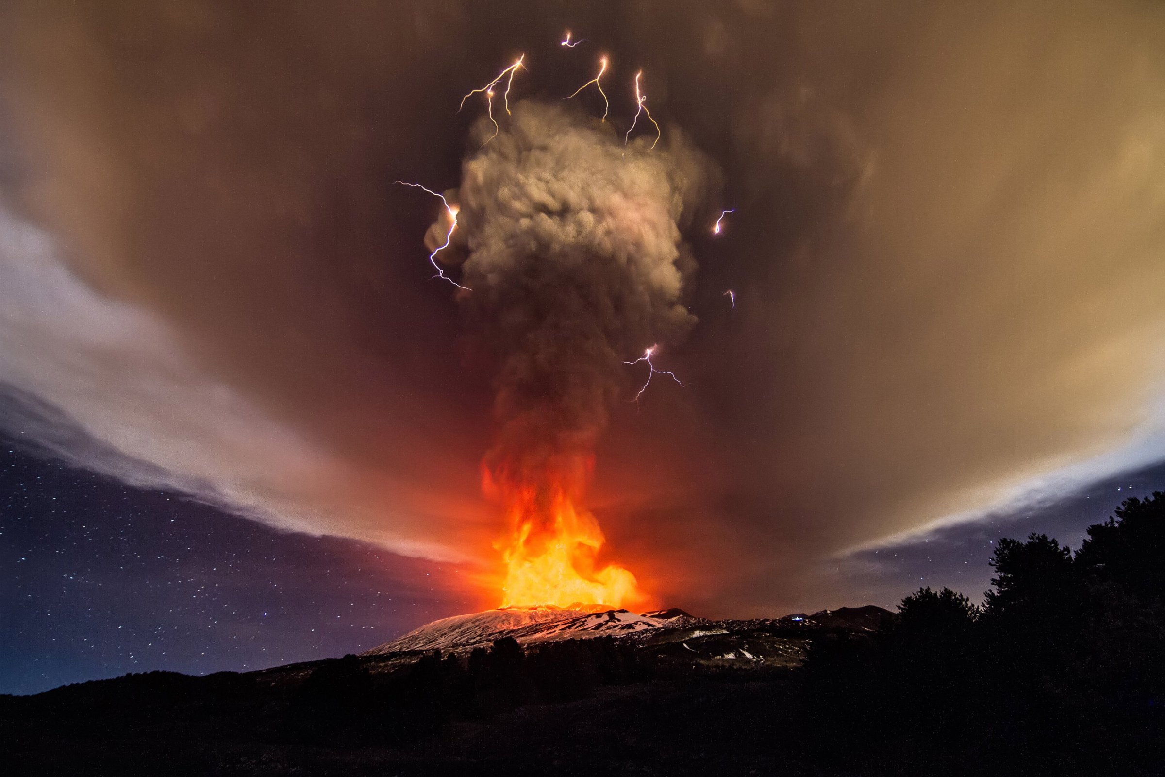 A volcanic eruption at Mount Etna's Vorgaine crater on Dec. 03, 2015 in Sicily.
