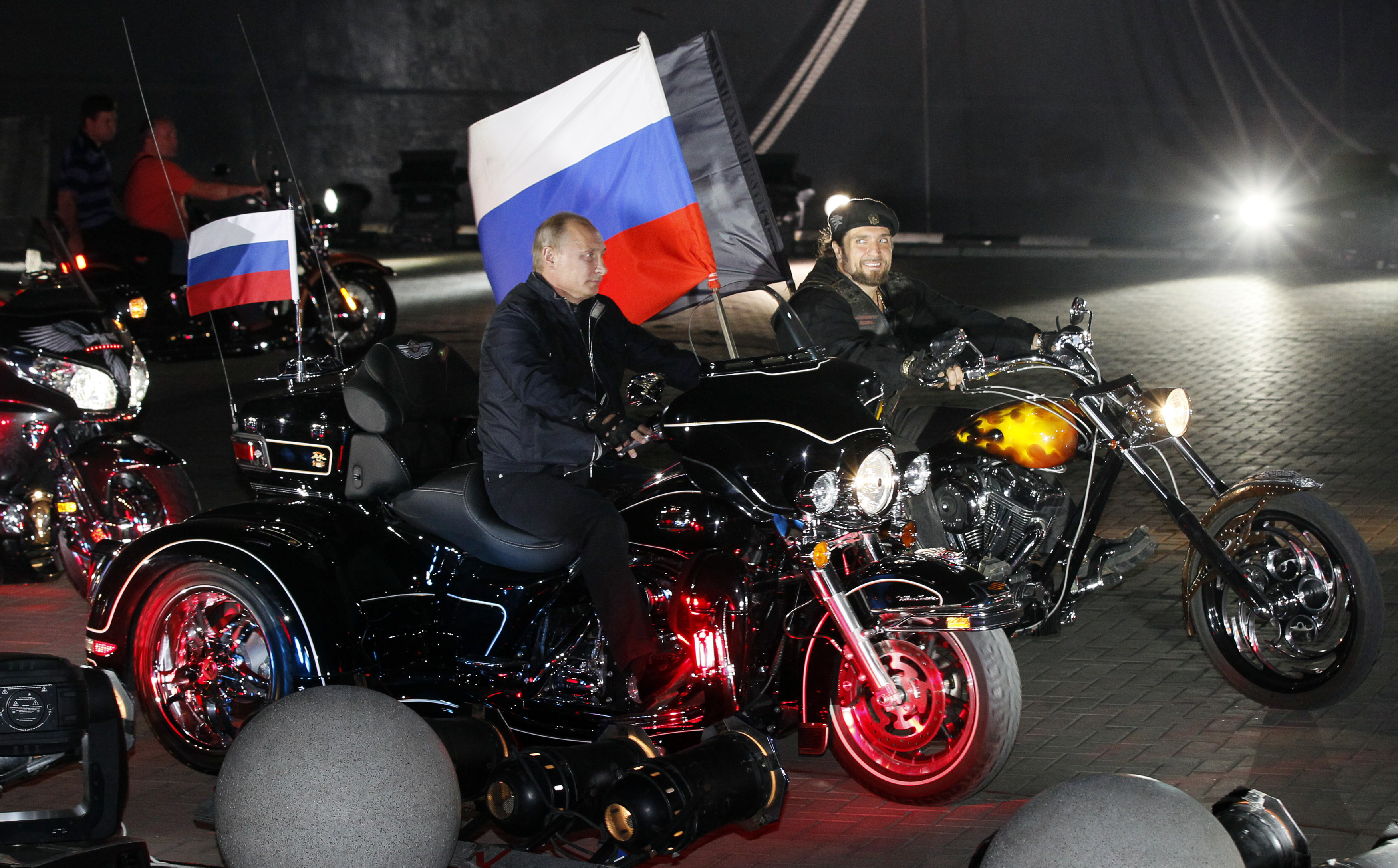 Vladimir Putin rides with Alexander Zaldostanov, leader of Nochniye Volki (the Night Wolves) biker group in Novorossiisk on Aug. 29, 2011. (Reuters)