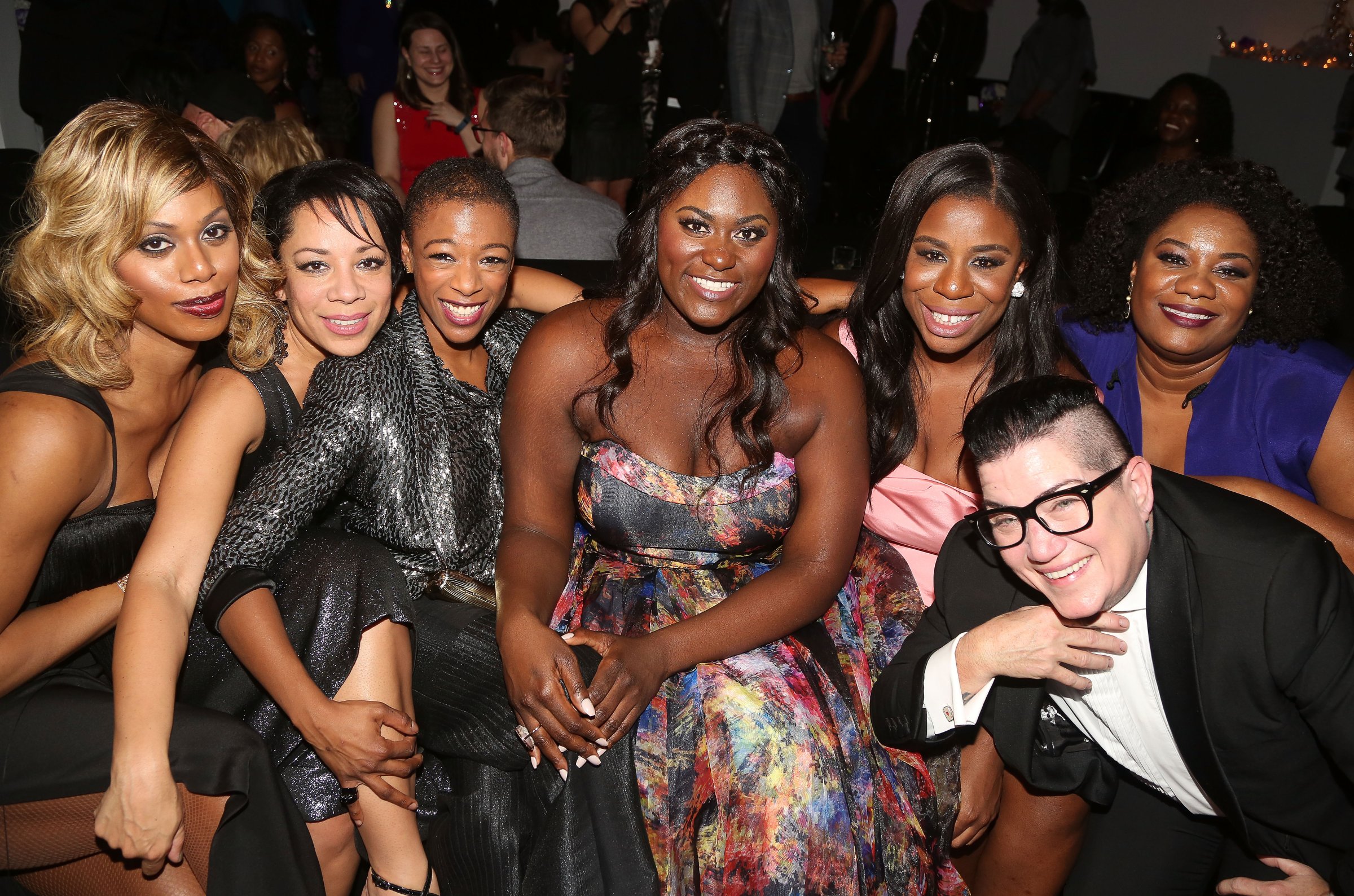 (L-R)'Orange is The New Black' stars Laverne Cox, Selenis Leyva, Samira Wiley, Danielle Brooks, Uzo Aduba, Lea DeLaria and Adrienne Moore pose at the opening night after party for 'The Color Purple' on Broadway on Dec. 10, 2015 in New York City.