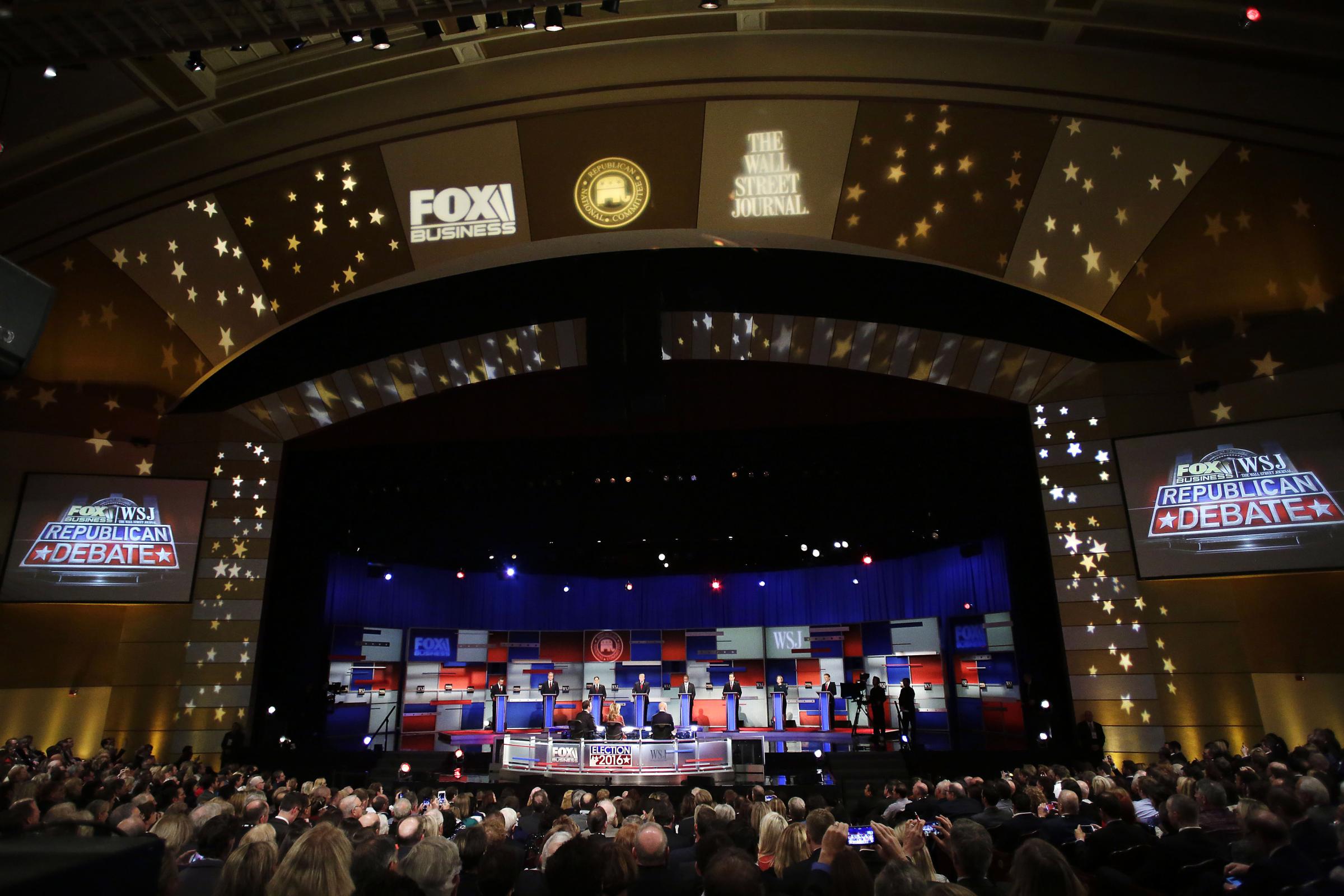 The stage during the Republican Presidential Debate hosted by Fox Business and The Wall Street Journal on Nov. 10, 2015 in Milwaukee.
