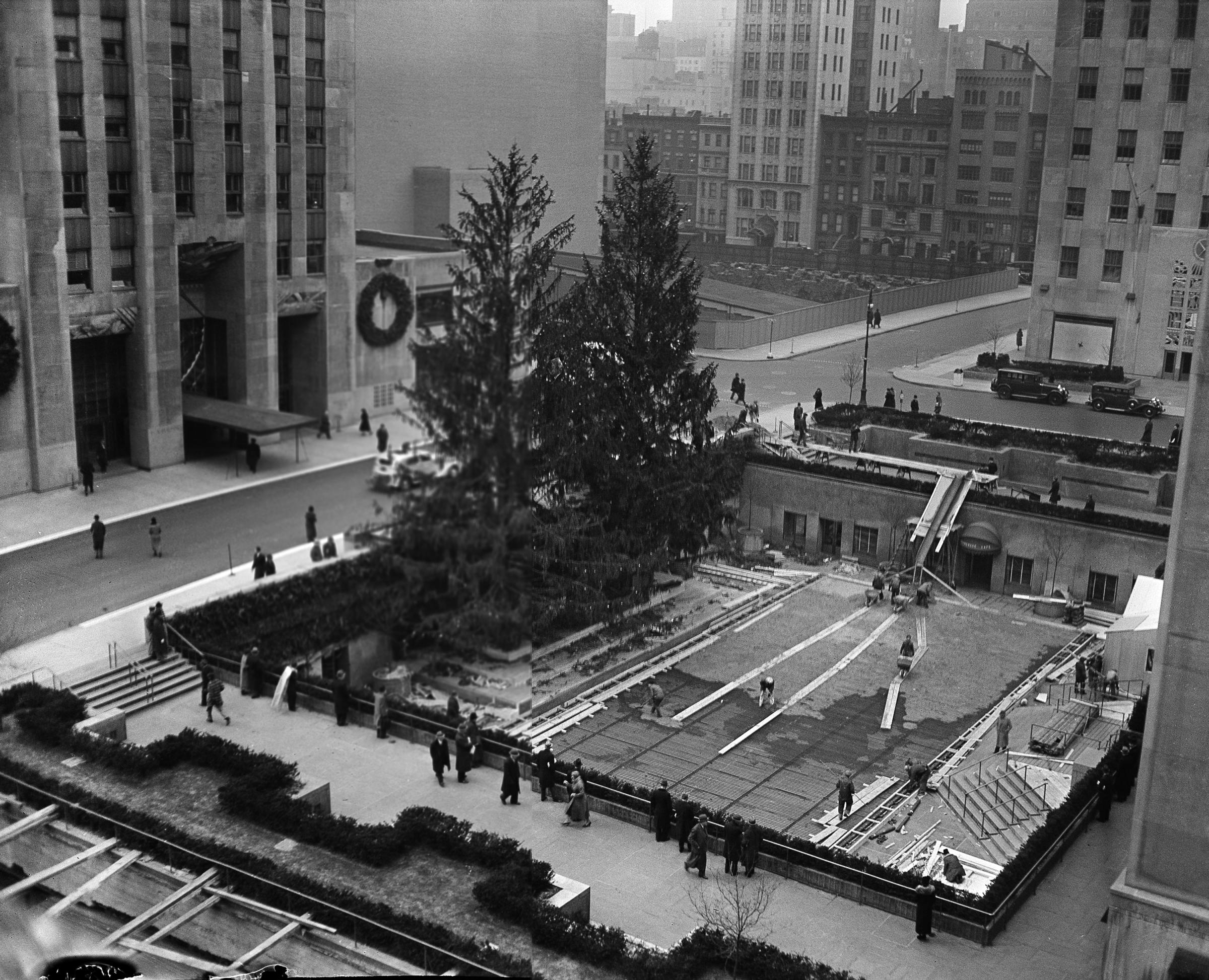 1936 Rockefeller Center Christmas Trees, celebrating the opening of the ice skating rink.