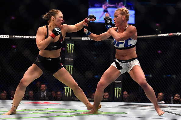 Ronda Rousey faces Holly Holm in their UFC women's bantamweight championship bout during the UFC 193 event at Etihad Stadium on November 15, 2015 in Melbourne, Australia.