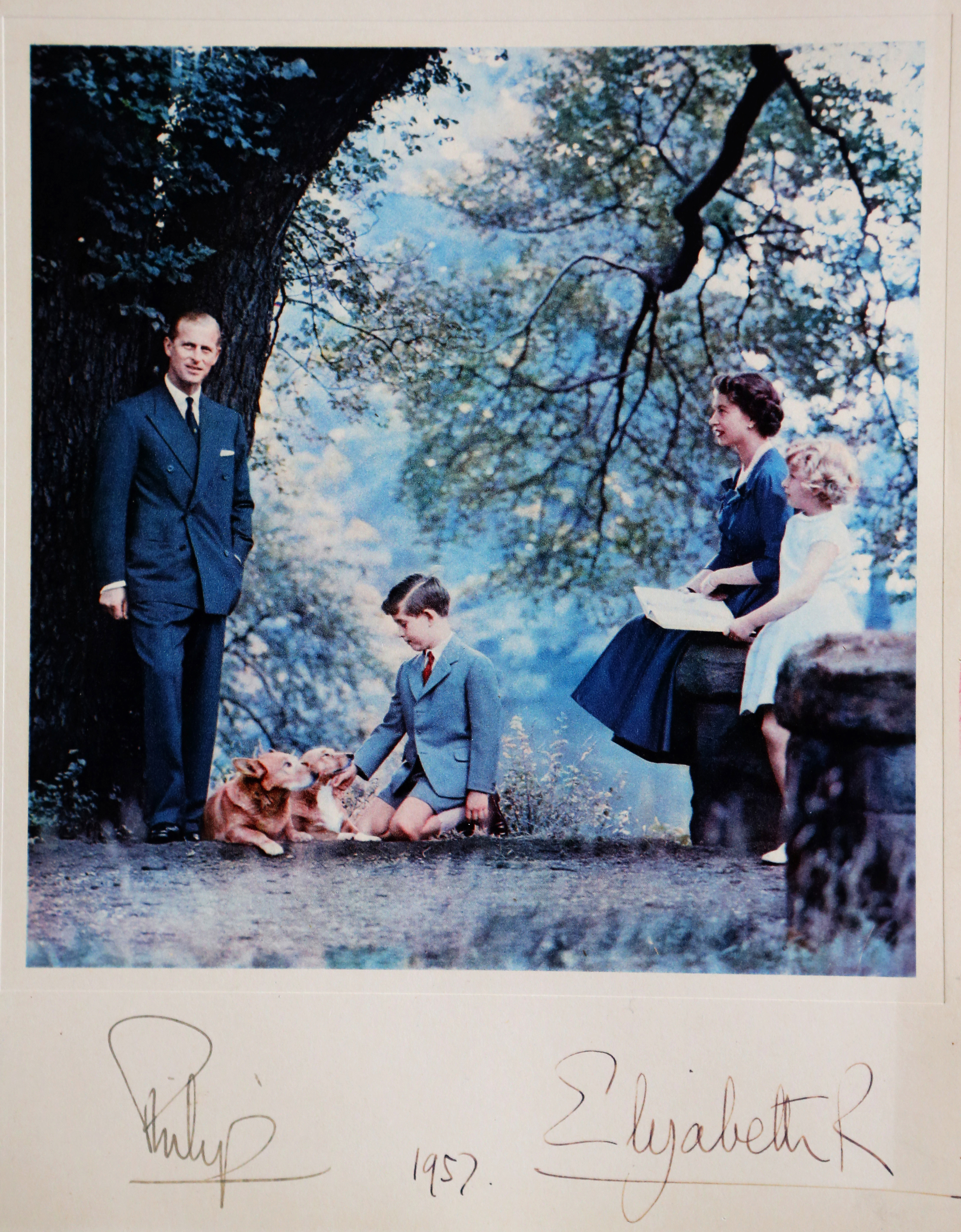 1957 Royal Christmas Card. Queen Elizabeth II and the Philip, Duke of Edinburgh with their children Prince Charles and Princess Anne.