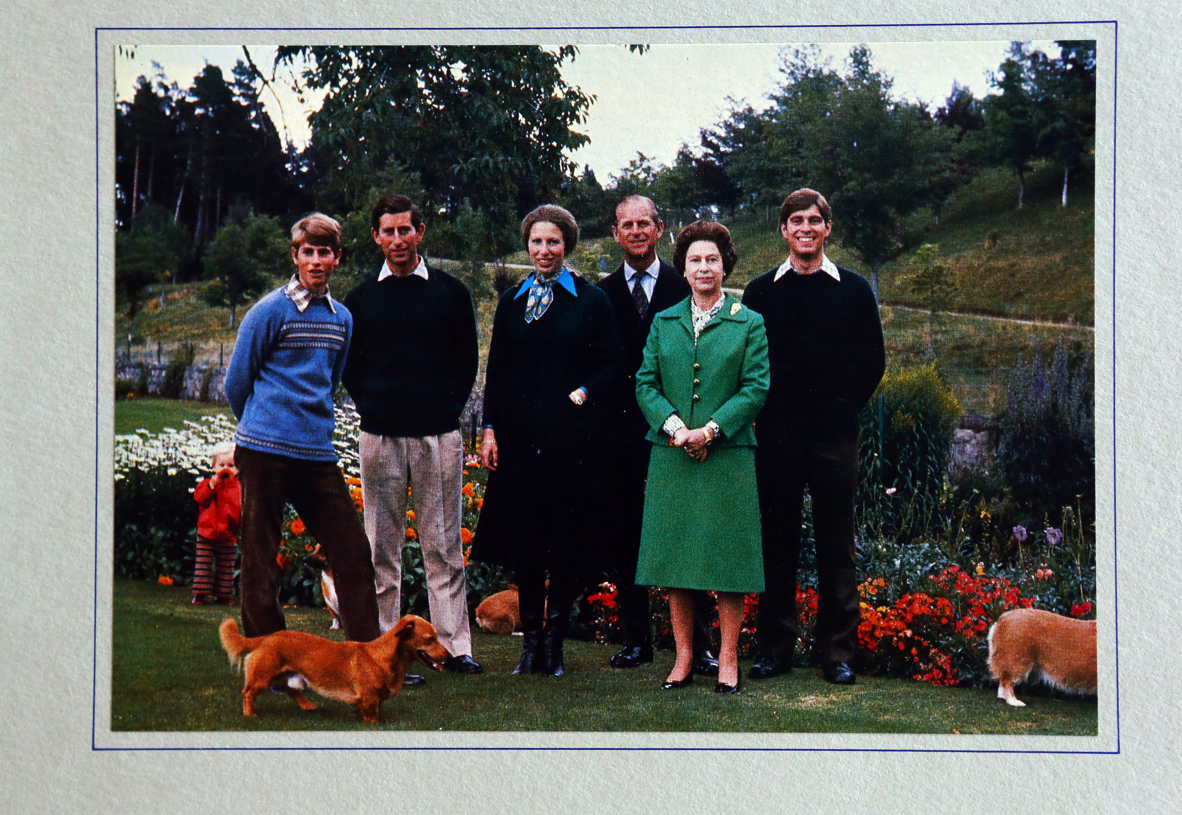 1979 Royal Christmas Card.  Queen Elizabeth II and Philip, Duke of Edinburgh with their children, from left to right, Prince Edward, Prince Charles, Princess Anne and Prince Andrew.  Princess Anne's son, Peter Phillips, can be seen on the left, behind Prince Edward.