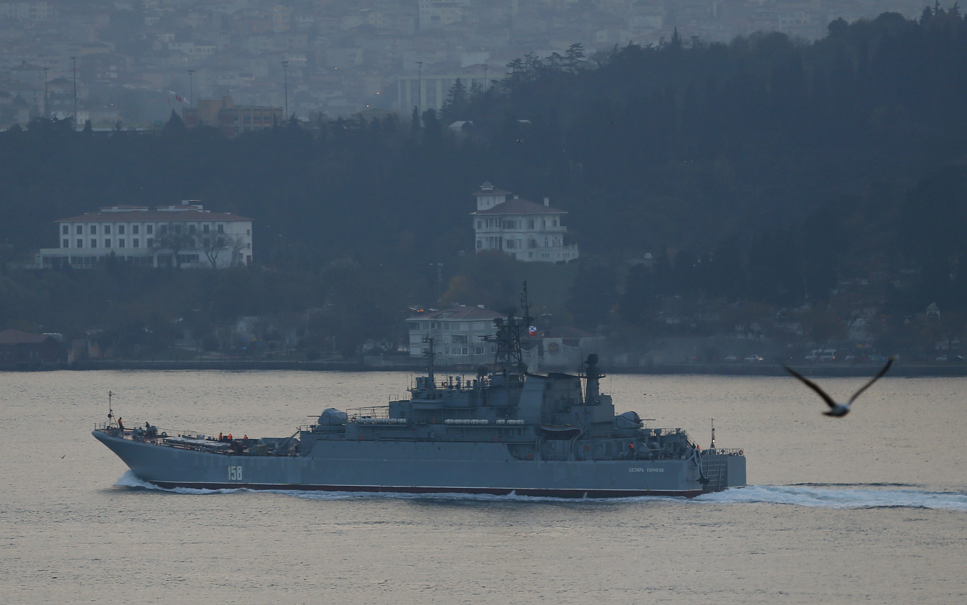 The Russian Navy's large landing ship Caesar Kunikov sets sail in the Bosphorus towards the Black Sea, in Istanbul