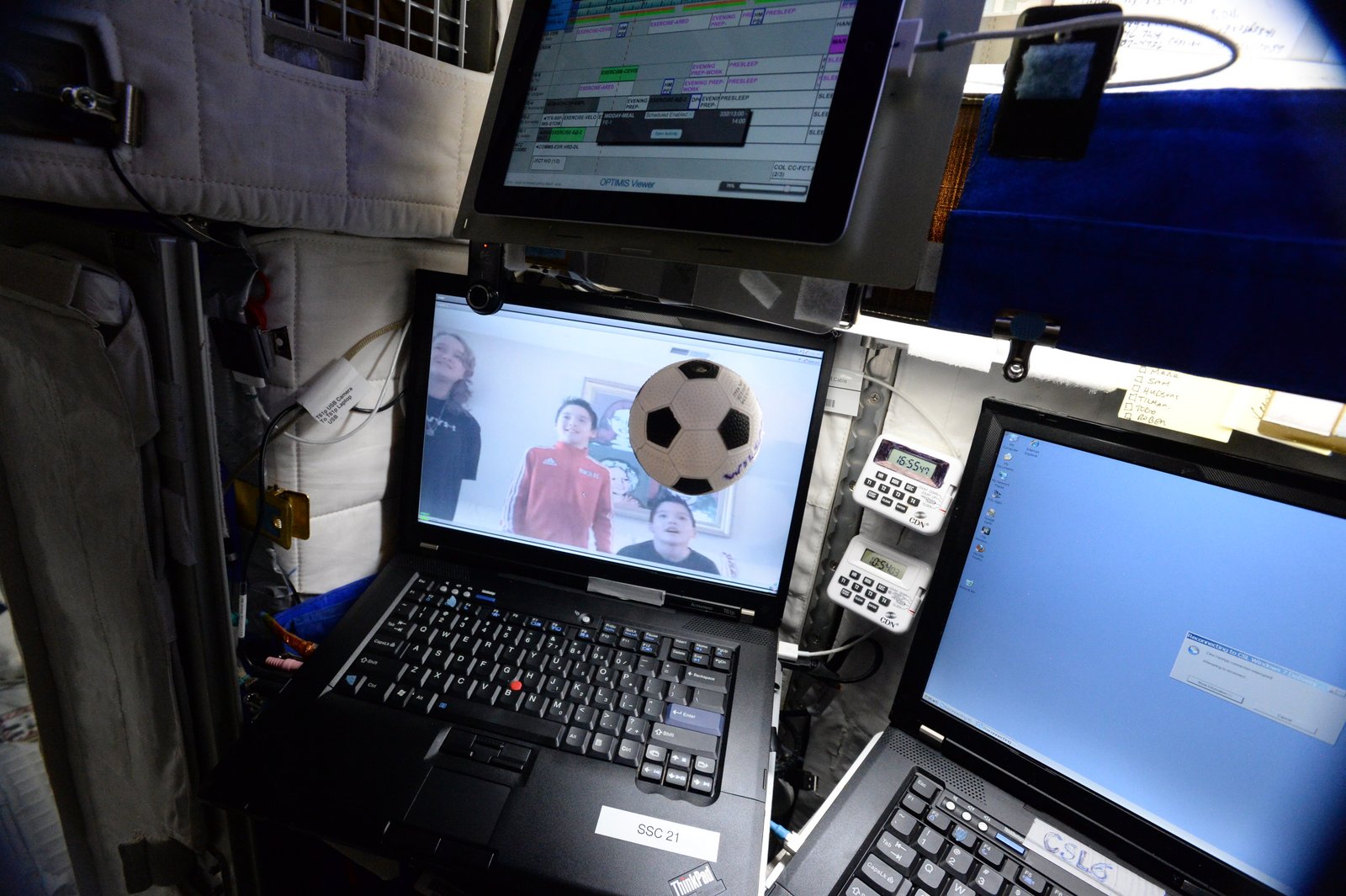 A soccer ball floats in weightlessness inside Astronaut Scott Kelly's crew quarters during a family video conference aboard the International Space Station in November.