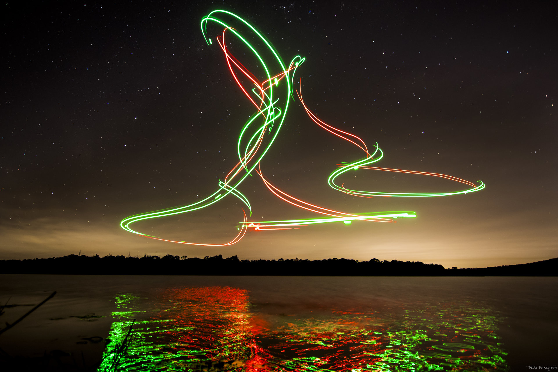 In this alternative approach titled  Xmas Tree , Piotr attacked lights to a drone during a long exposure photograph.