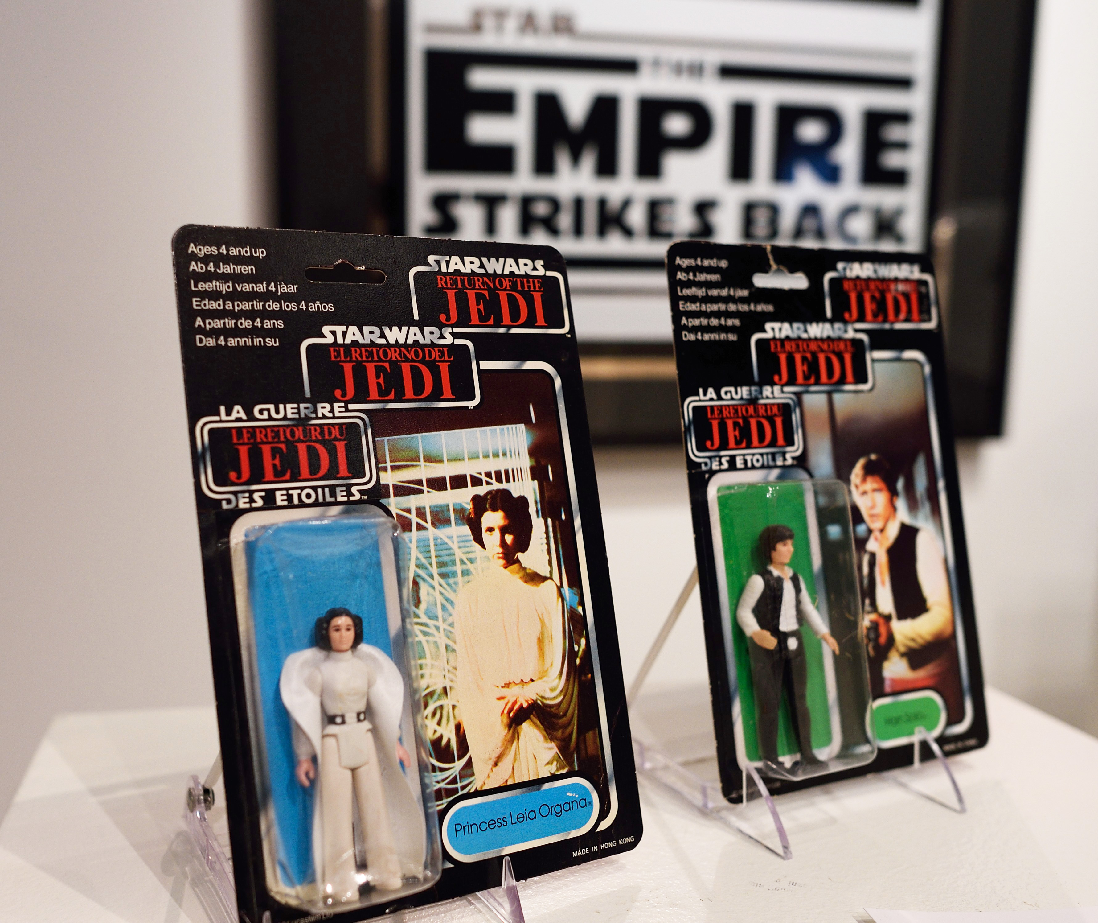 Princess Leia and Han Solo action figures wait to be auctioned at Sotheby's in New York City on Dec. 2, 2015.
