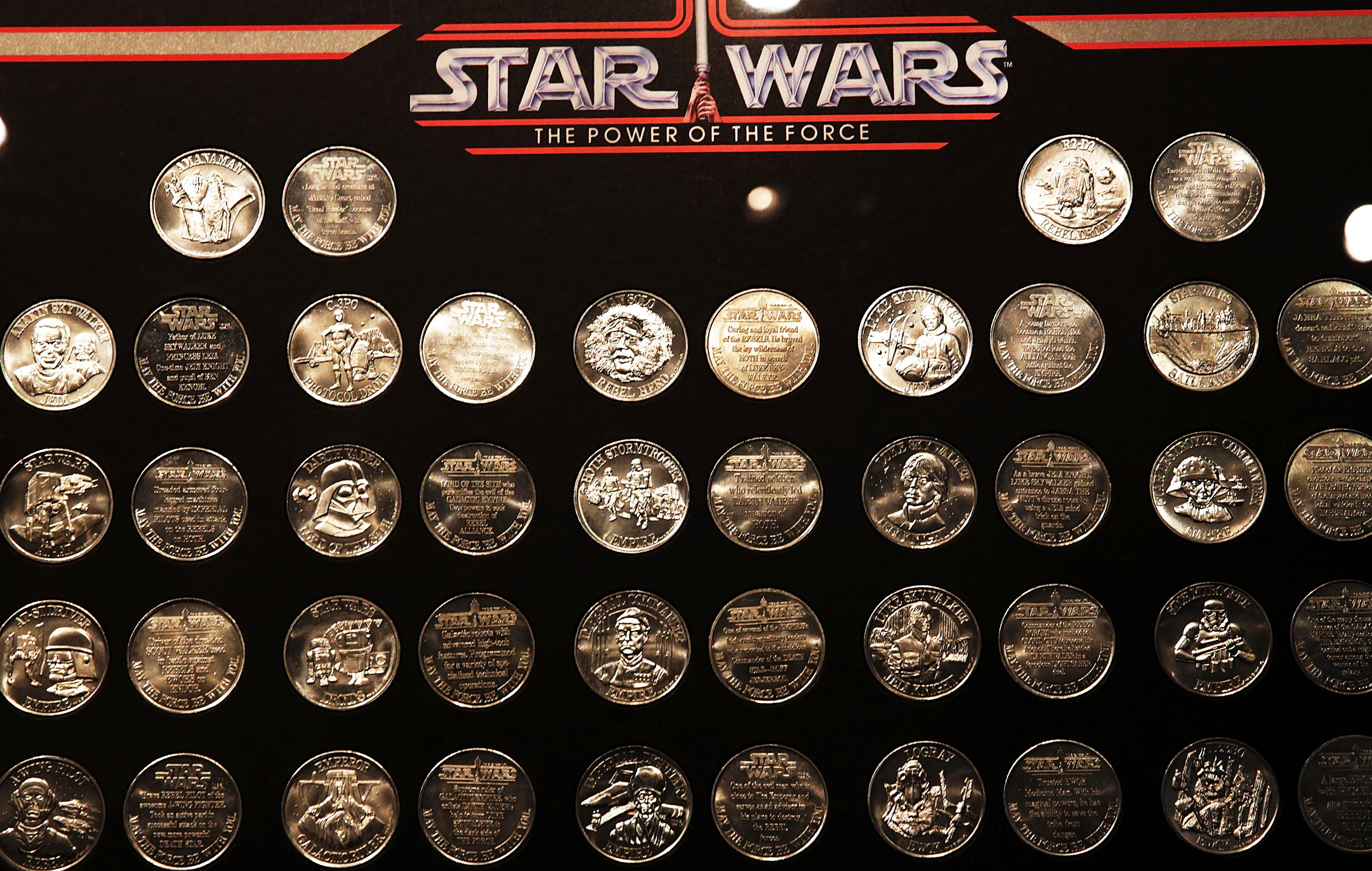A Power of the Force coin set is displayed at Sotheby's in New York City on Dec. 2, 2015.