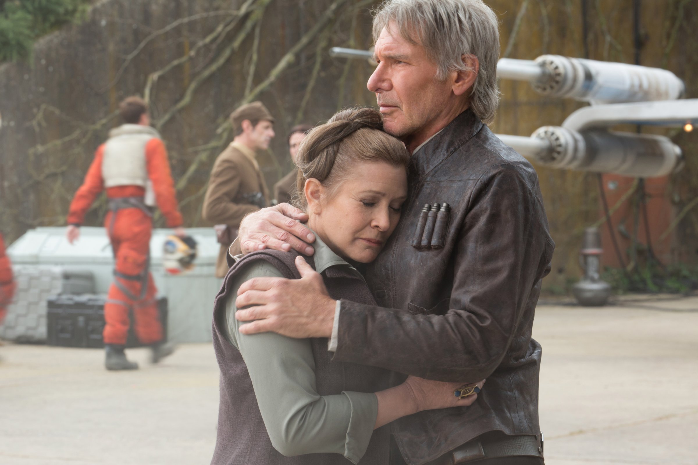 Harrison Ford as Han Solo and Carrie Fisher as General Leia Organa in Star Wars: The Force Awakens.