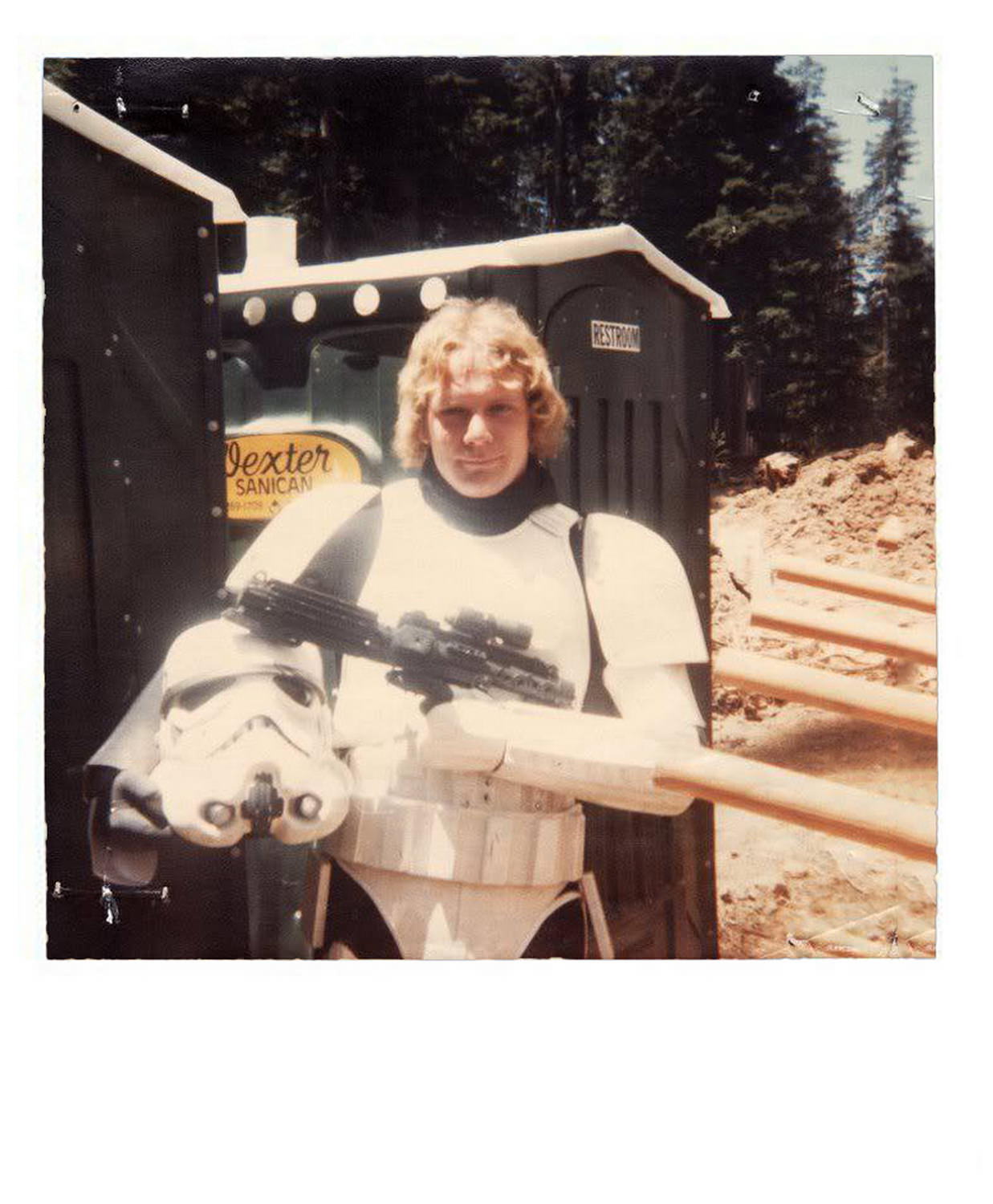 Stormtrooper on the set of Return of the Jedi.