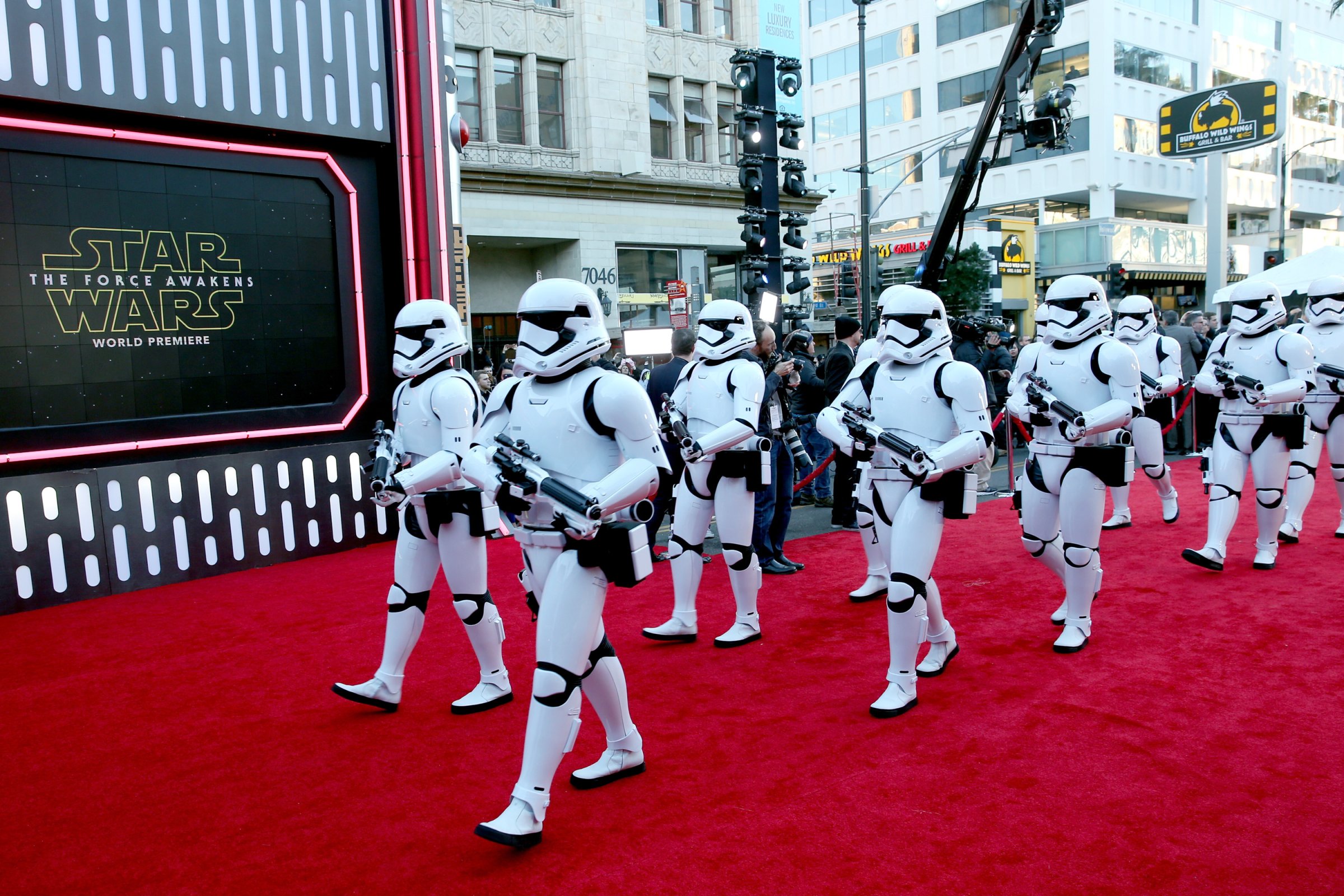 Stormtroopers walk on the red carpet at the world premiere of Star Wars: The Force Awakens at the Dolby, El Capitan, and TCL Theatres on Dec. 14, 2015 in Hollywood, California.