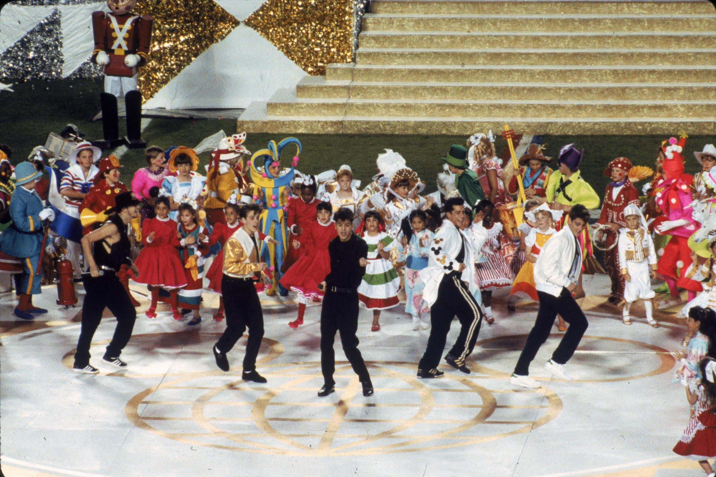 New Kids On The Block perform during Super Bowl XXV at Tampa Stadium on Jan. 27, 1991 in Tampa, Fla.