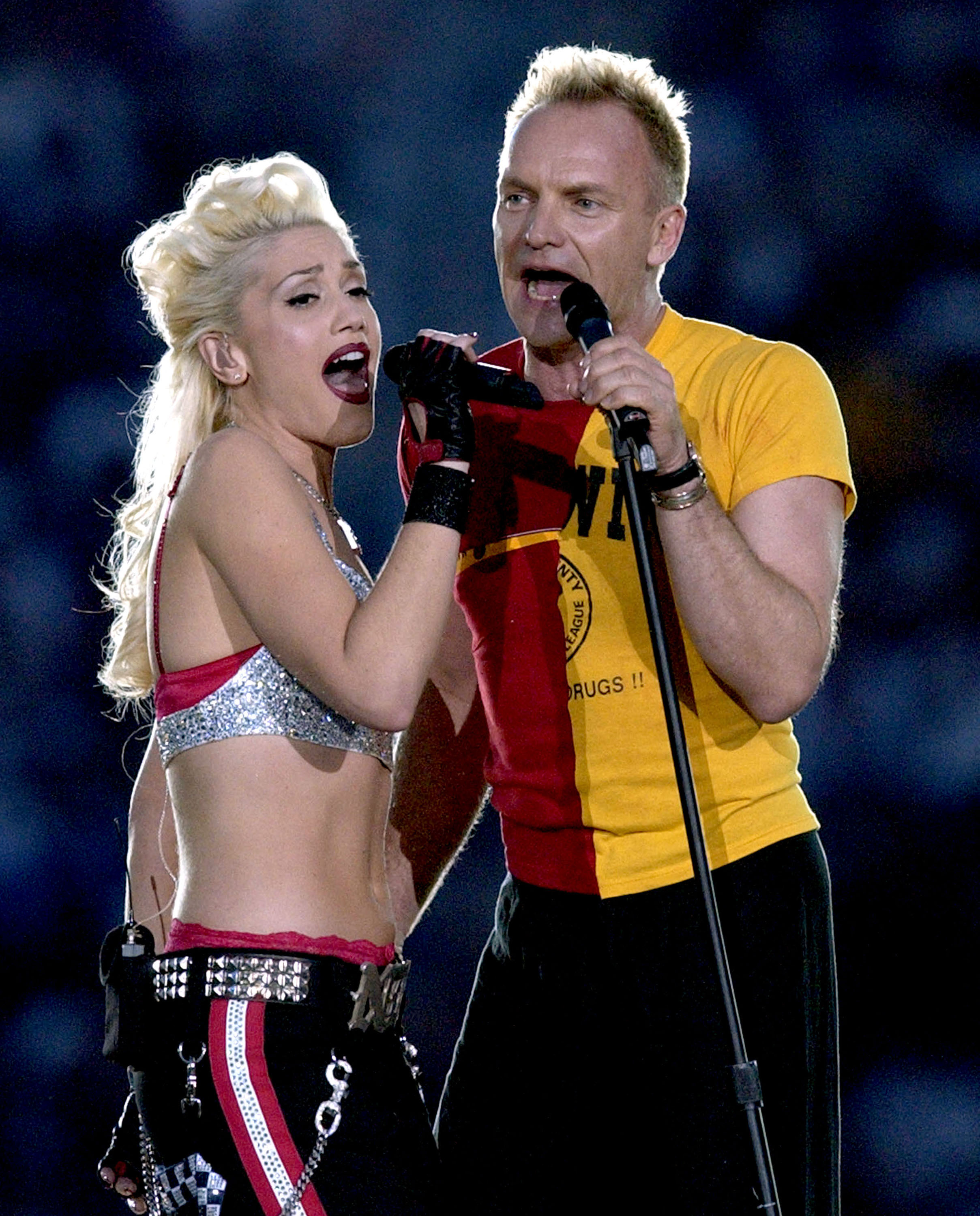 Gwen Stefani of No Doubt and Sting perform during Super Bowl XXXVII in San Diego, Calif. on Jan. 26, 2003.