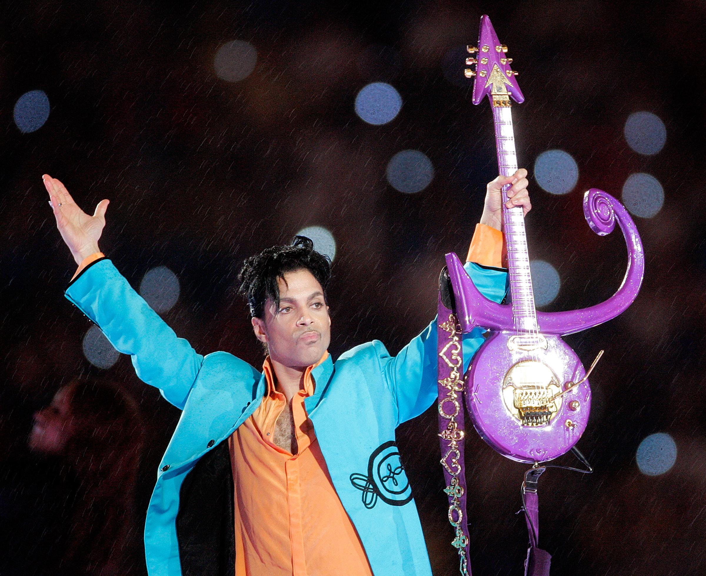 Prince performs during Super Bowl XLI in Miami on Feb. 4, 2007.