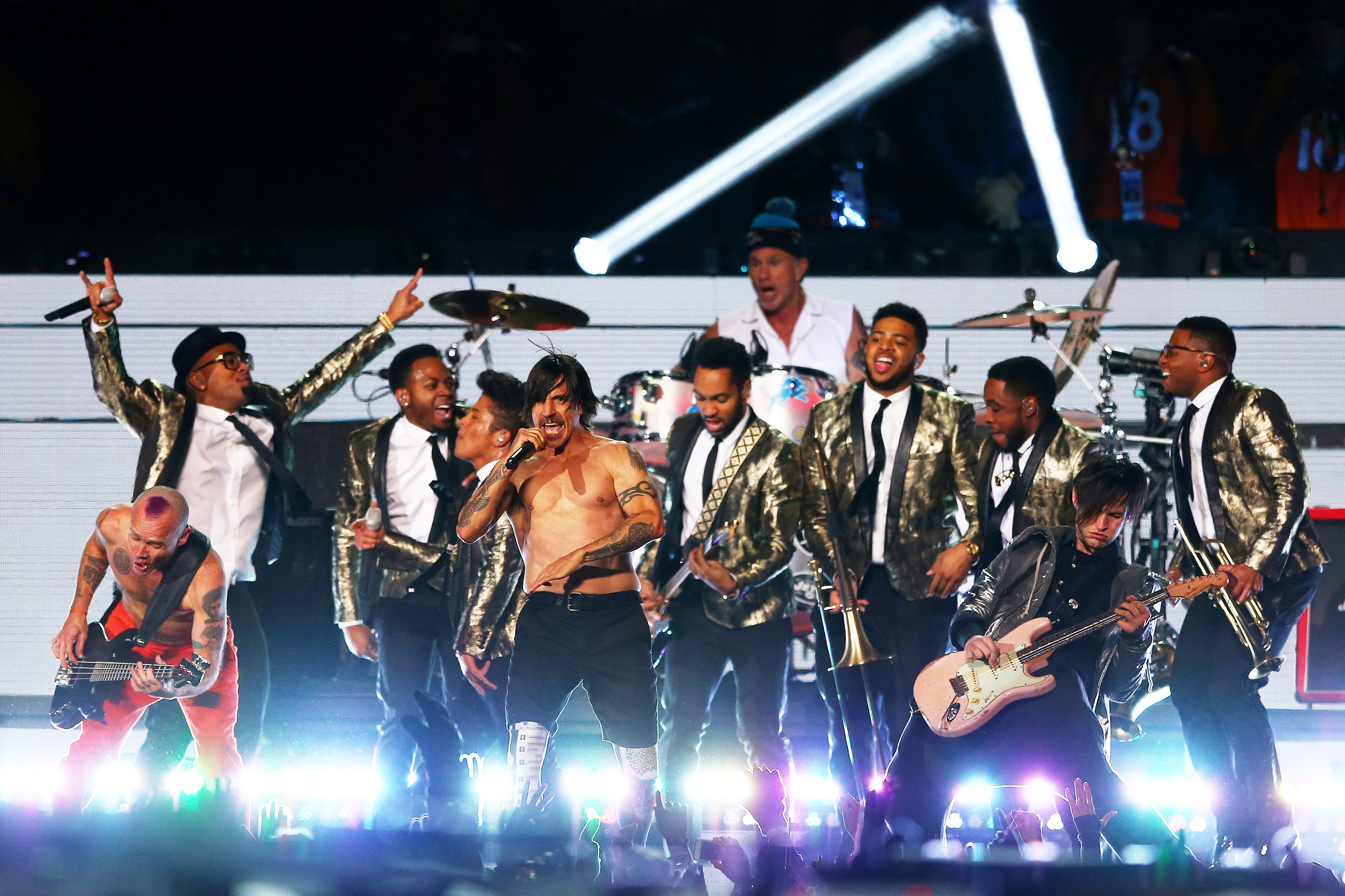 Bruno Mars and the Red Hot Chili Peppers perform during Super Bowl XLVIII on Feb. 2, 2014 in East Rutherford, N.J.