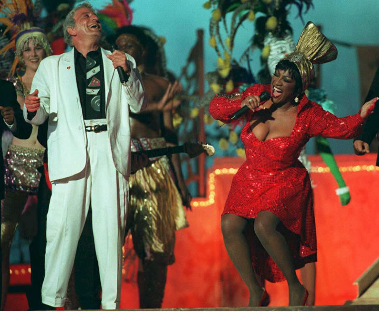 Tony Bennett and Patti LaBelle perform during Super Bowl XXIX in Miami on Jan. 29, 1995.