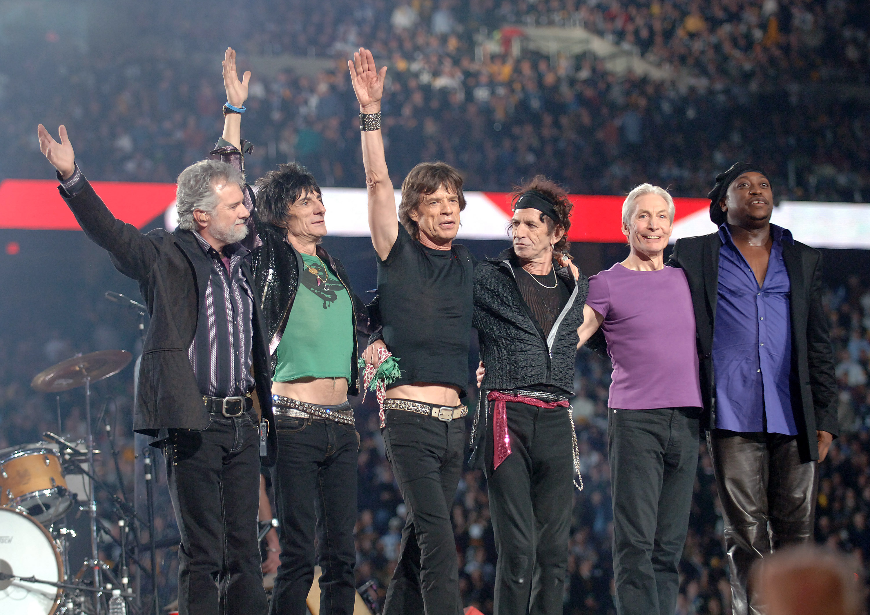 From left: Chuck Leavell, Ron Wood, Mick Jagger, Keith Richards, Charlie Watts, and Darryl Jones of the Rolling Stones perform during Super Bowl XL in Detroit, Mich. on Feb. 5, 2006.