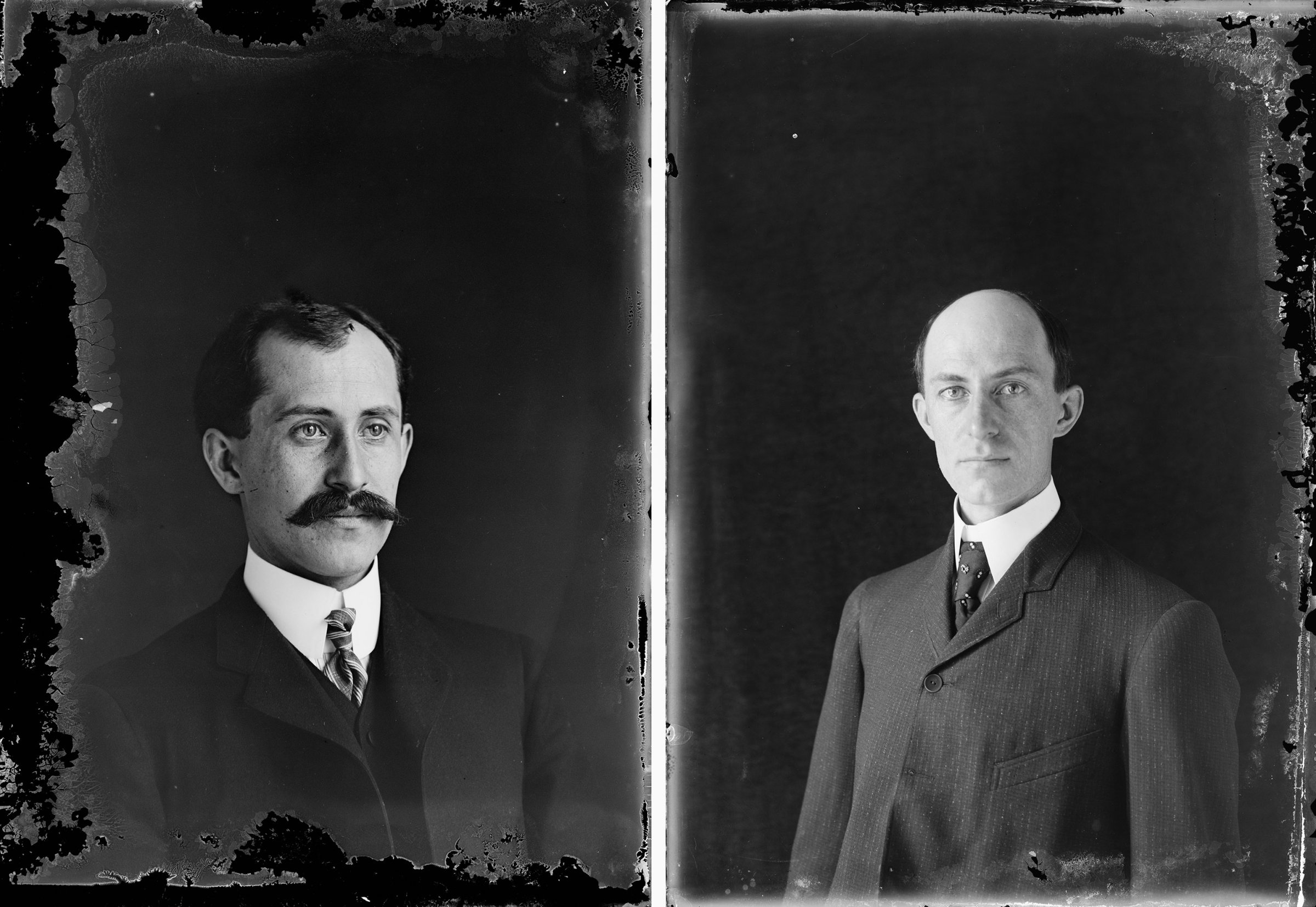 Dry plate, glass negatives from 1905 of Orville Wright at age 34 and Wilbur Wright at 38.