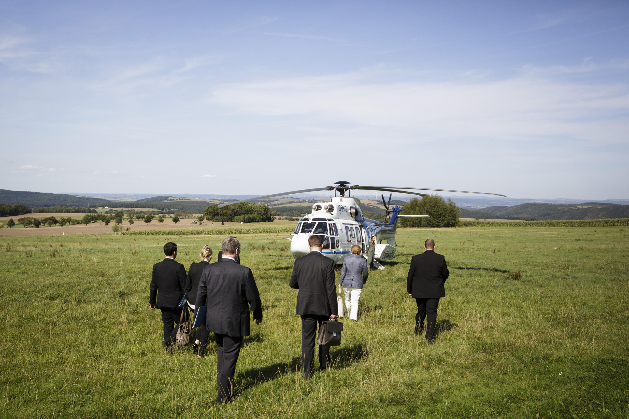 Chancellor Angela Merkel about to bord a police helicopter after a visit at renowned German watch manufacturer Lange in Glashütte. Sept. 20, 2010.