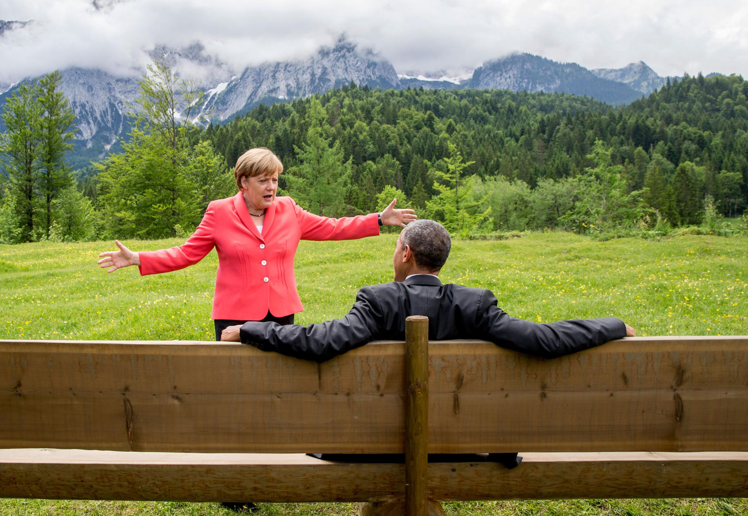 German Chancellor Angela Merkel speaks with U.S. President Barack Obama outside the Elmau castle in Kruen near Garmisch-Partenkirchen, Germany on June 8, 2015 during the G7 summit.