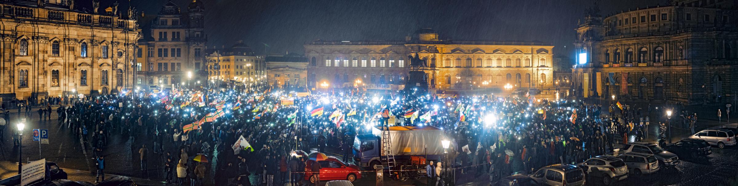 A right wing demonstration organized by the anti-Islamic movement called "Pegida" in Dresden, Germany. The protests take place each Monday evening.