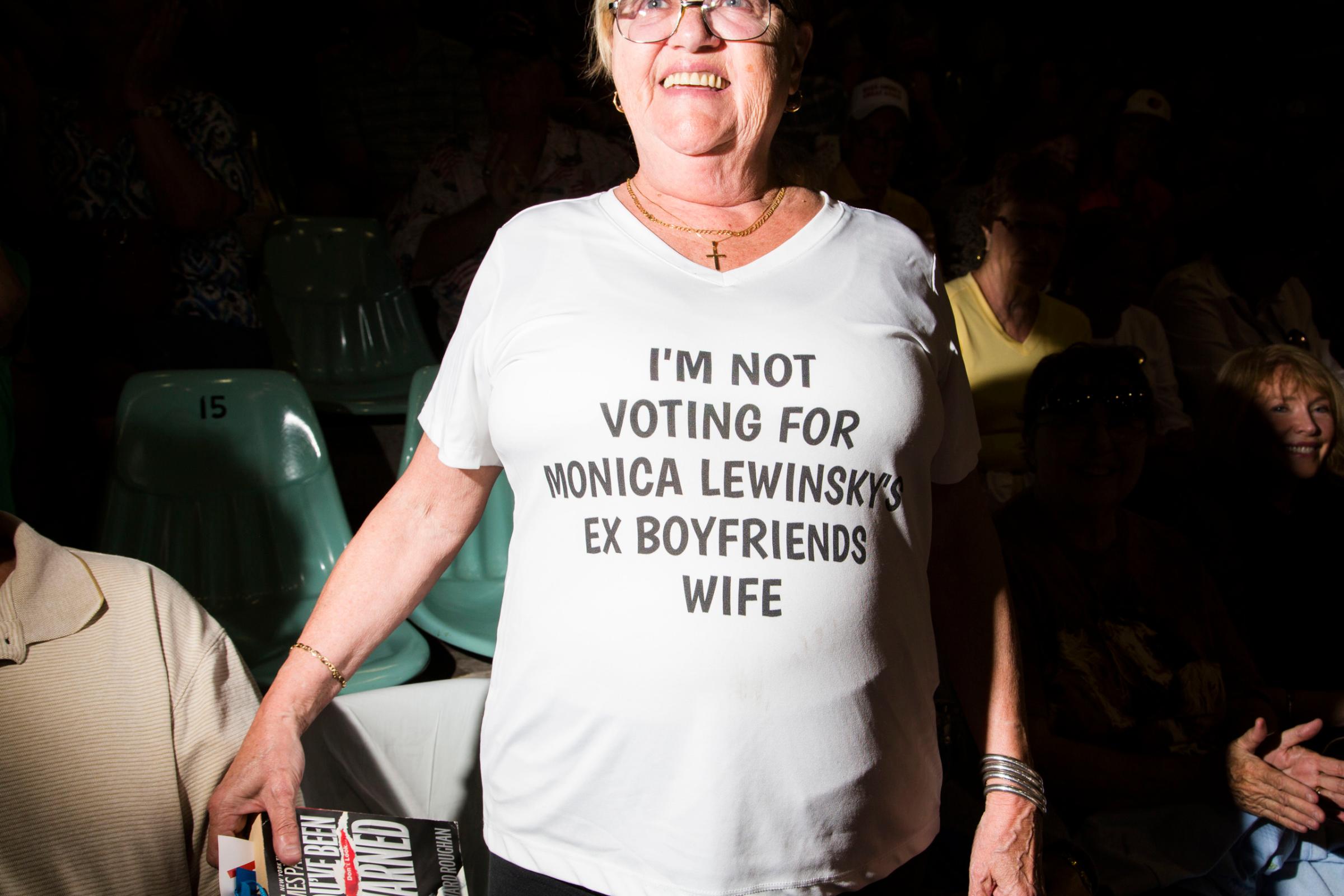 Supporter of Republican presidential candidate shows off a tshirt at a rally in Sarasota, Fla. Nov. 28, 2015.