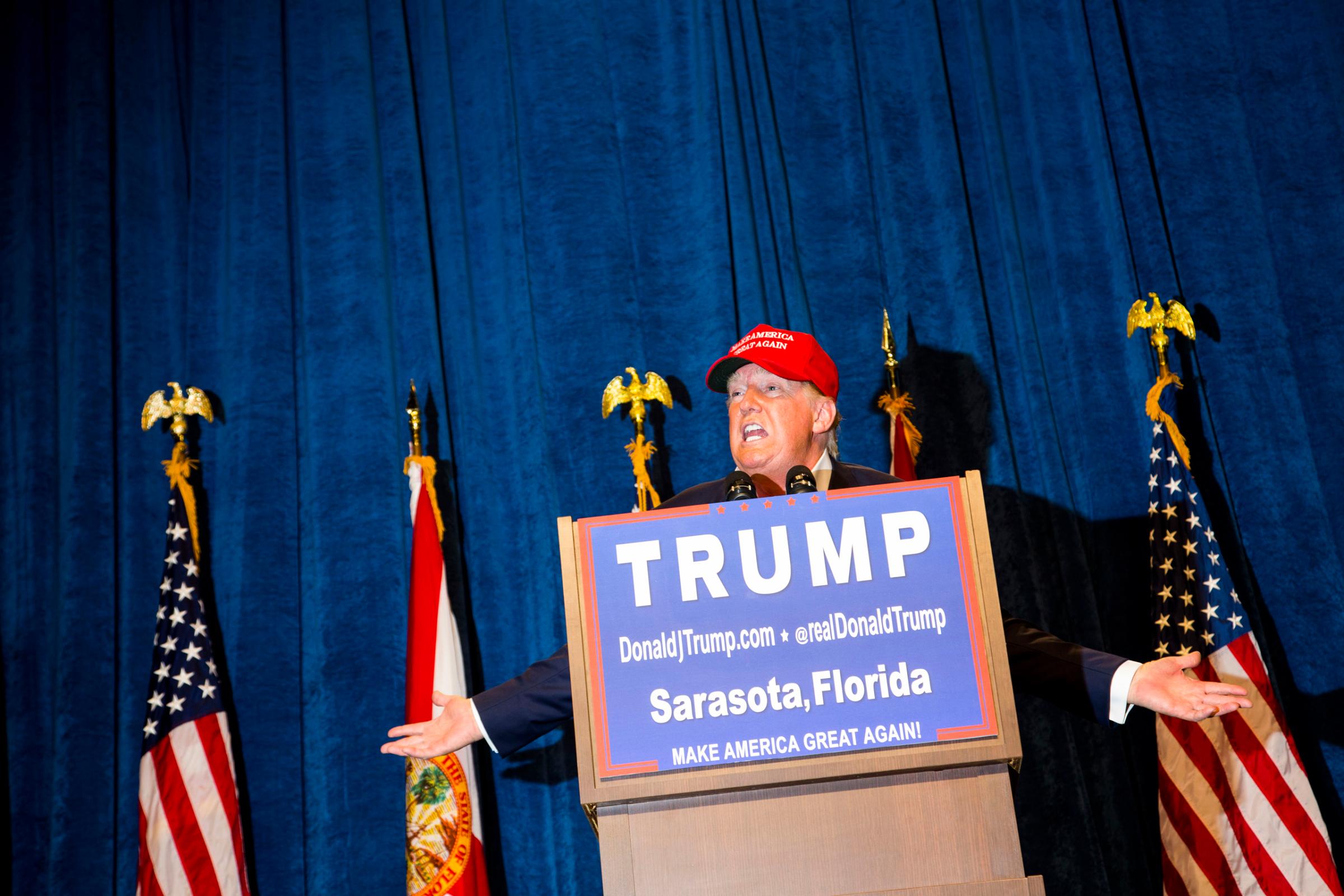 Republican presidential candidate Donald Trump speaks at a rally in Sarasota, Fla. Nov. 28, 2015.