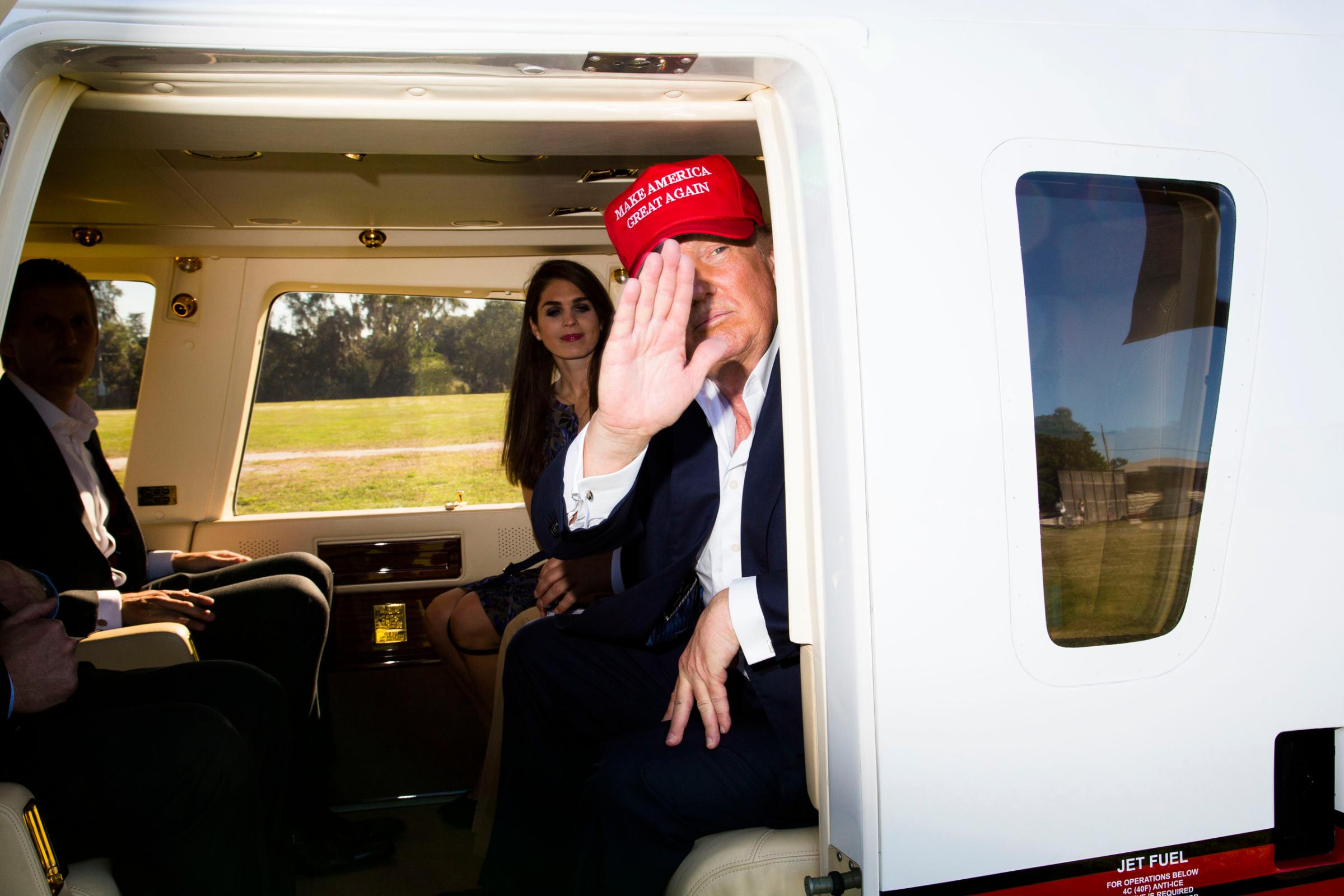 Donald Trump and his campaign staff prepare to depart from the Robarts Arena on Saturday after a campaign rally in Sarasota, Fla. Nov. 28, 2015.