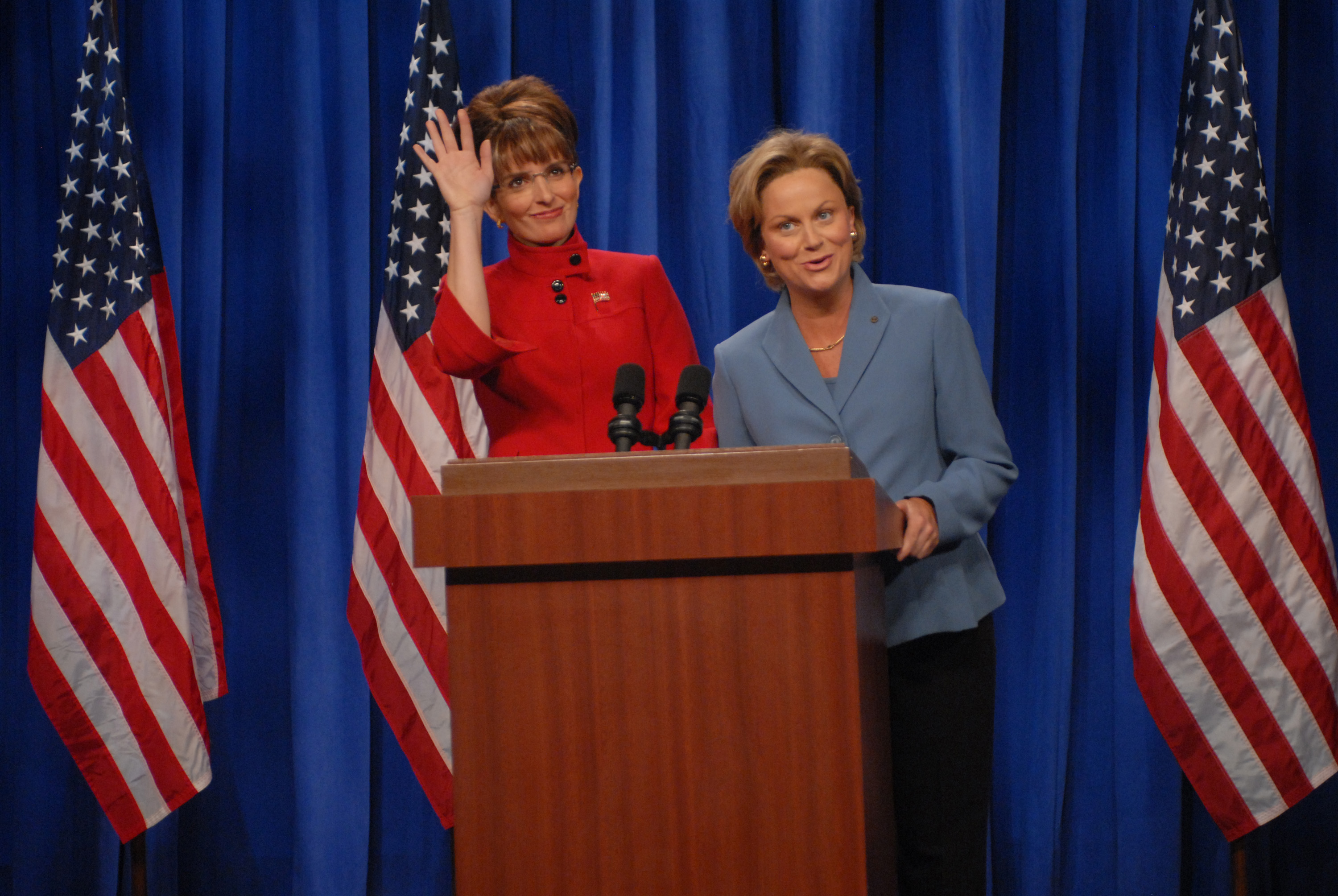 Tina Fey as Governor Sarah Palin, Amy Poehler as Senator Hillary Clinton during 'A Nonpartisan Message From Sarah Palin &amp; Hillary Clinton' skit on Sept. 13, 2008. (Dana Edelson—NBC/Getty Images)