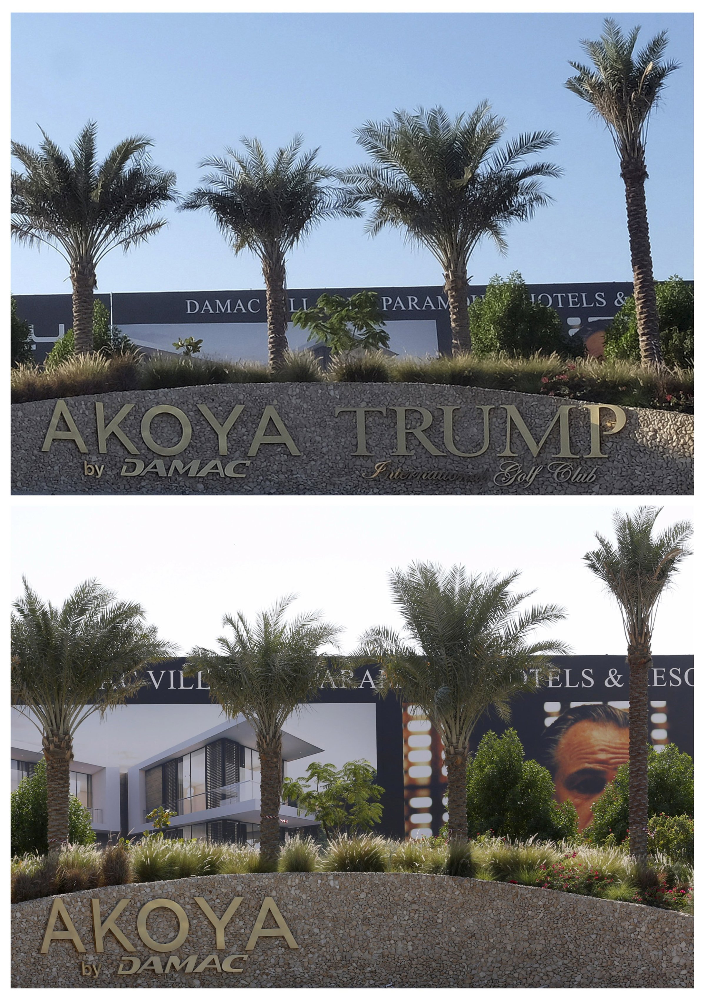 A combination picture shows the signboard before and after the removal of the Trump International Golf Club portion at the AKOYA by DAMAC development in Dubai