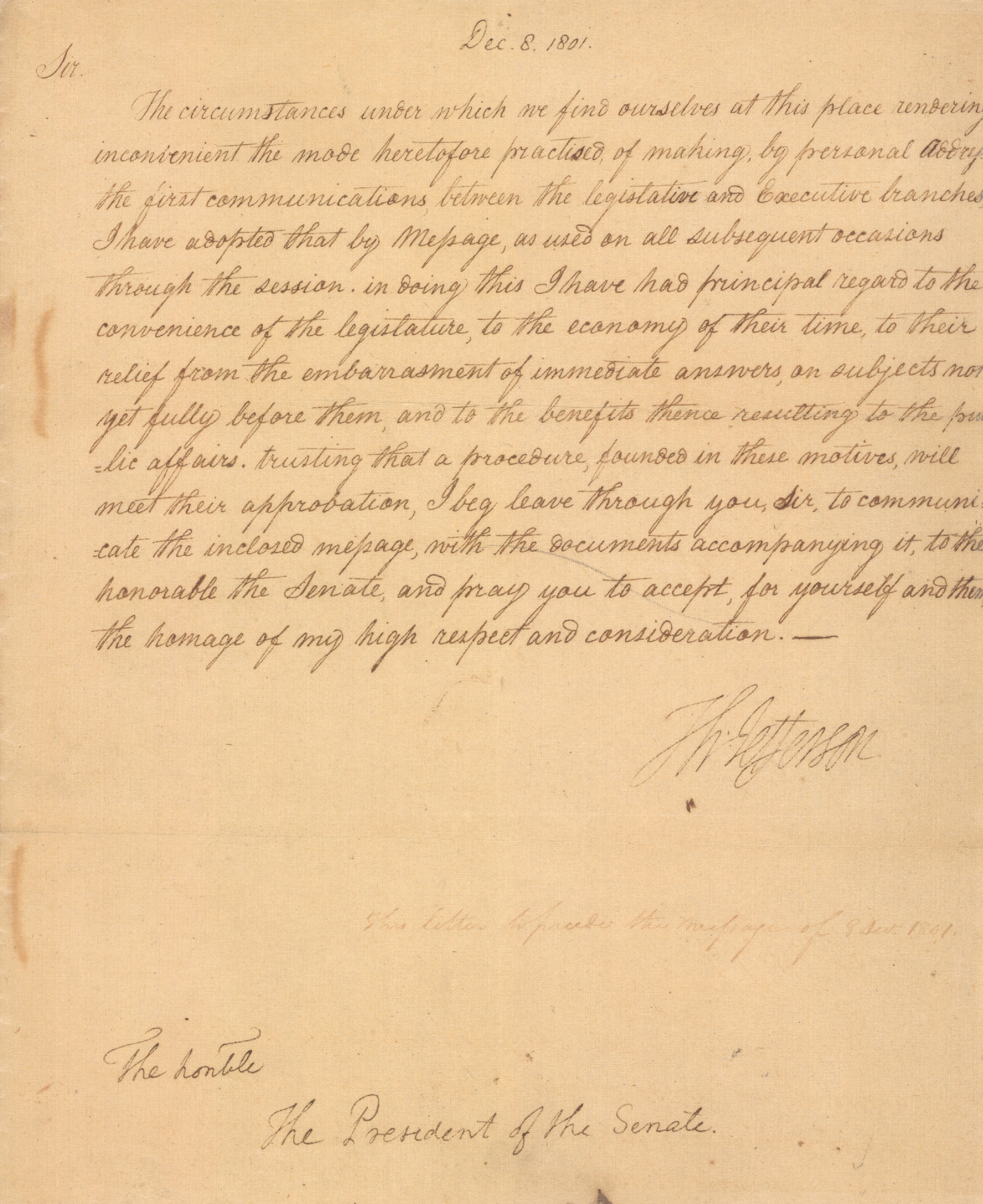 President Thomas Jefferson's letter to the President of the Senate regarding the Annual message, December 8, 1801 (National Archives)