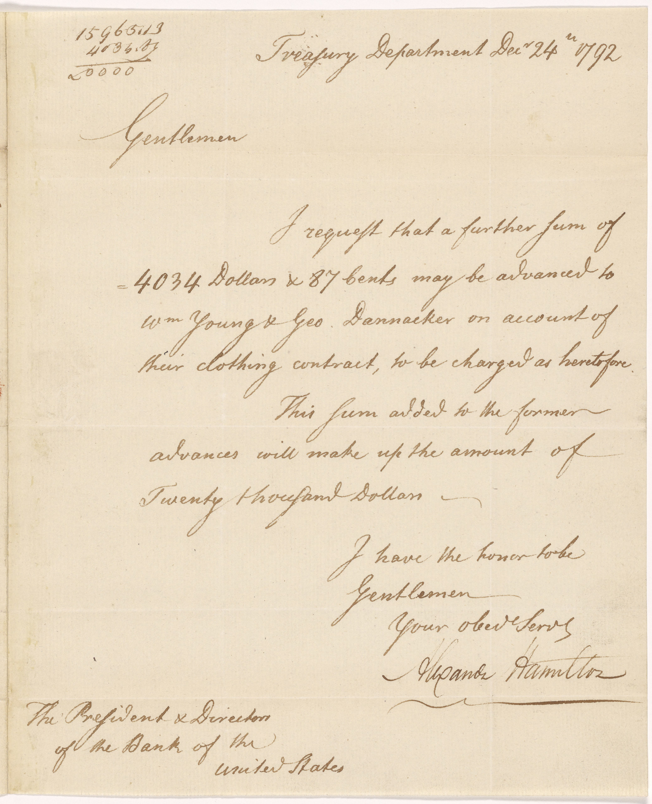 Alexander Hamilton letter dated 1792