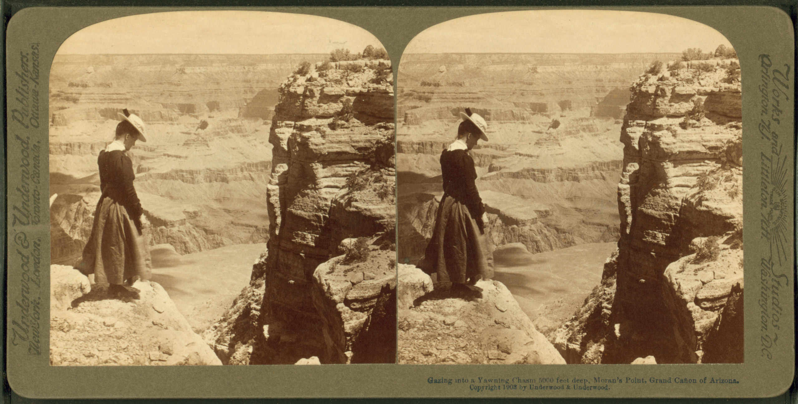 Gazing into a yawning chasm 5000 feet deep, Moran's Point,  circa 1902-1903. Stereoscopic view of the Grand Canyon.