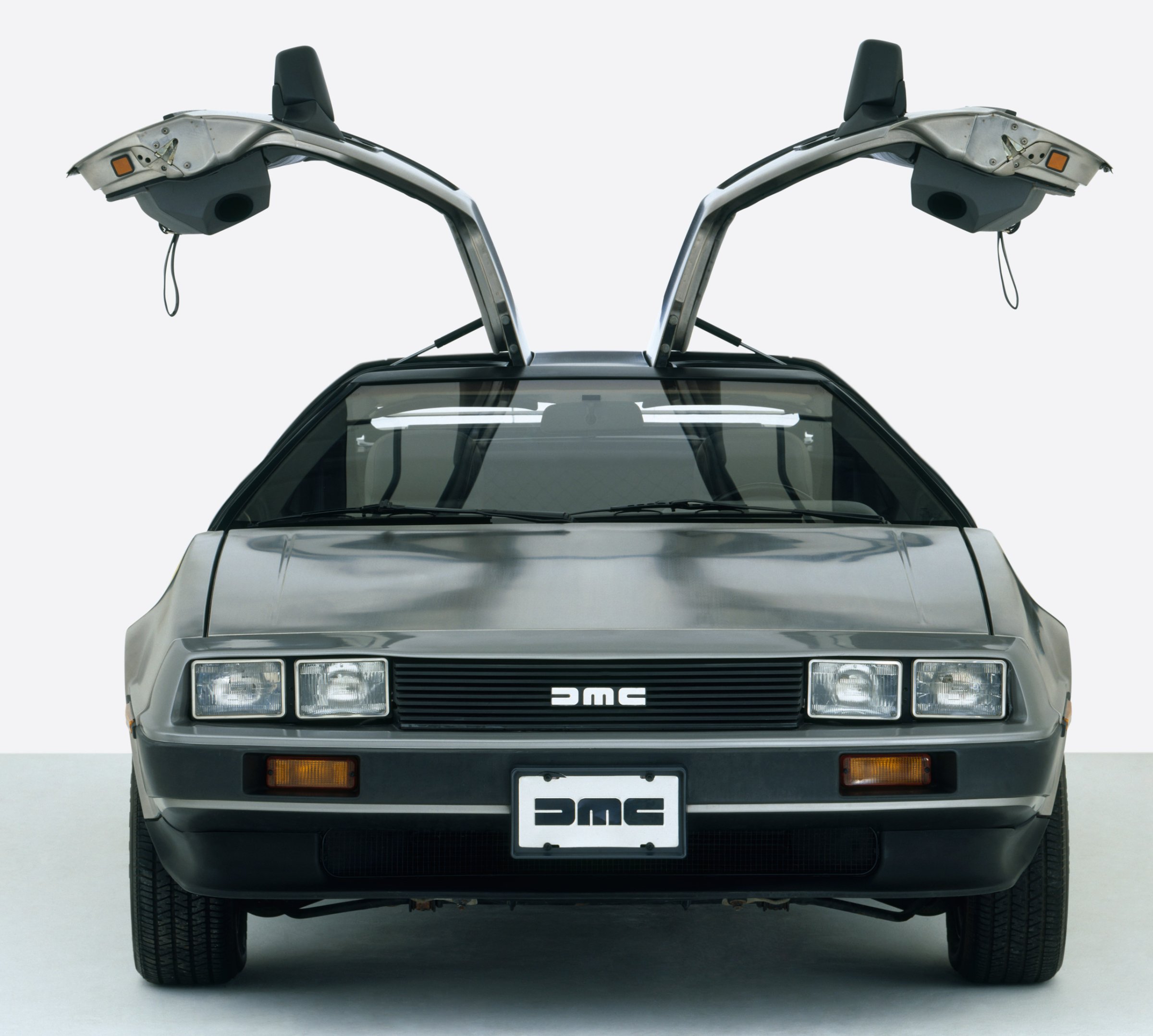 DeLorean DMC 12 with gullwing doors, 1979-82, front view.